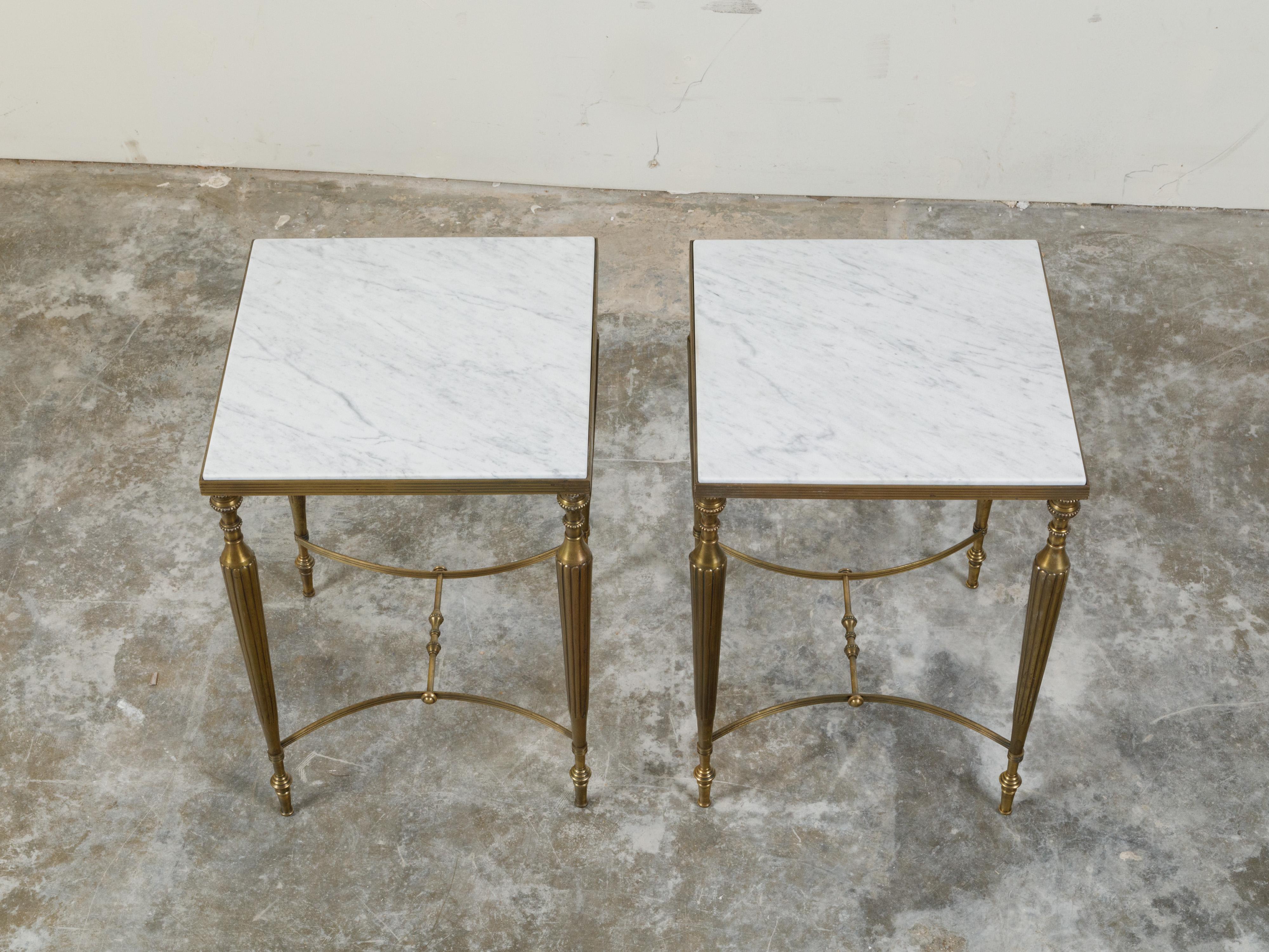 Mid-Century Modern Pair of Midcentury Brass Side Tables with White Marble Tops and Reeded Legs