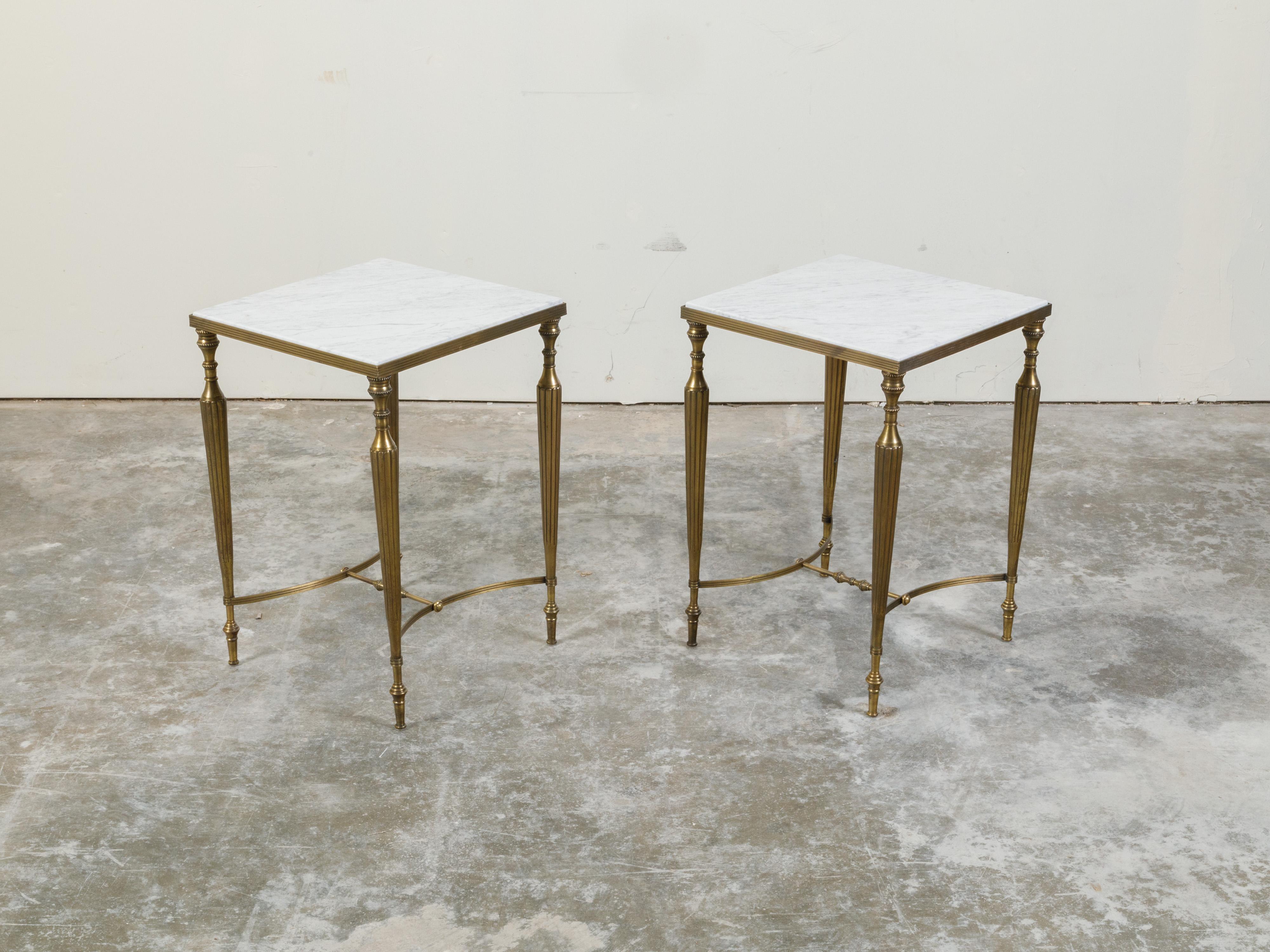 European Pair of Midcentury Brass Side Tables with White Marble Tops and Reeded Legs