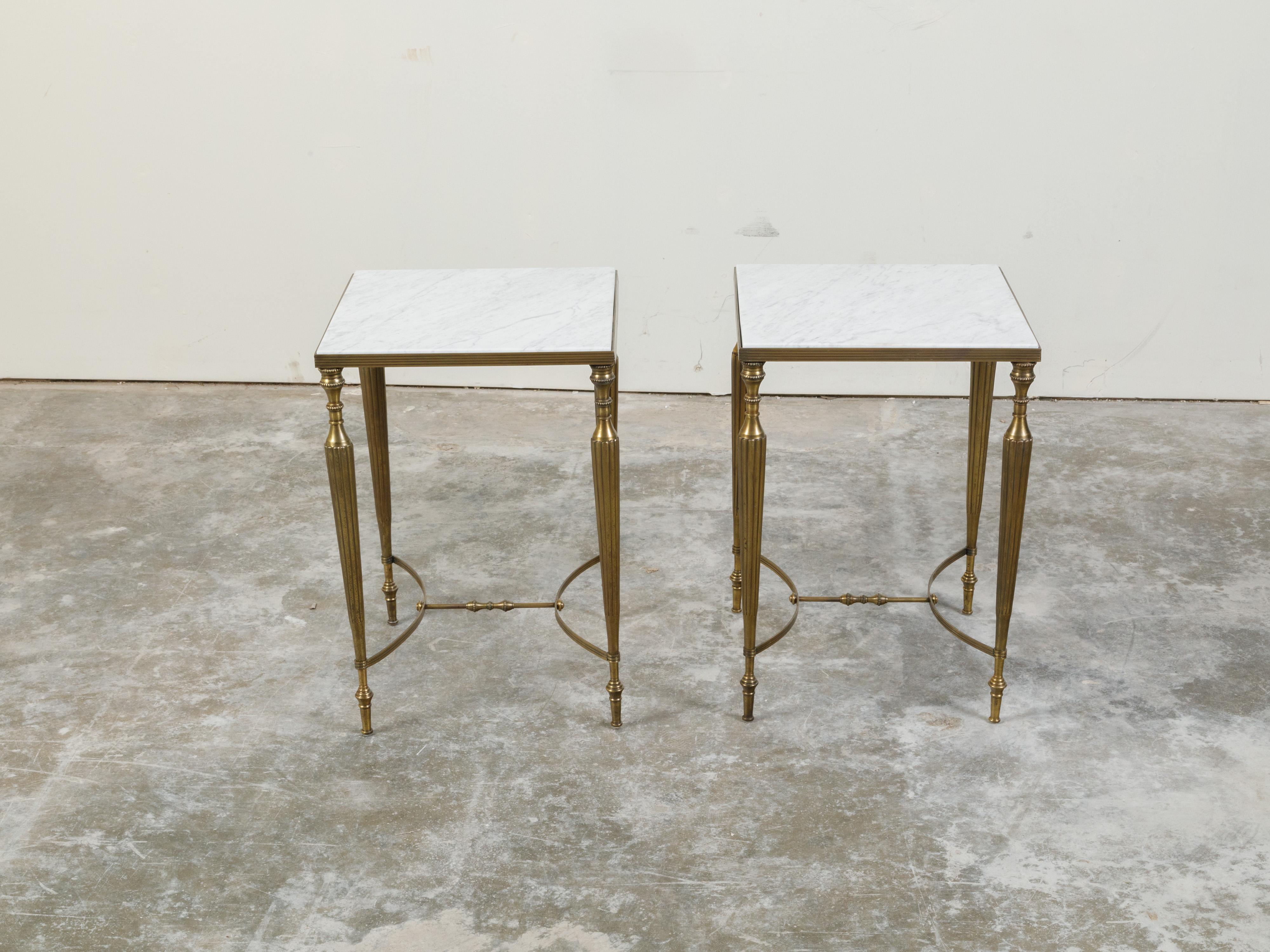 Pair of Midcentury Brass Side Tables with White Marble Tops and Reeded Legs In Good Condition In Atlanta, GA