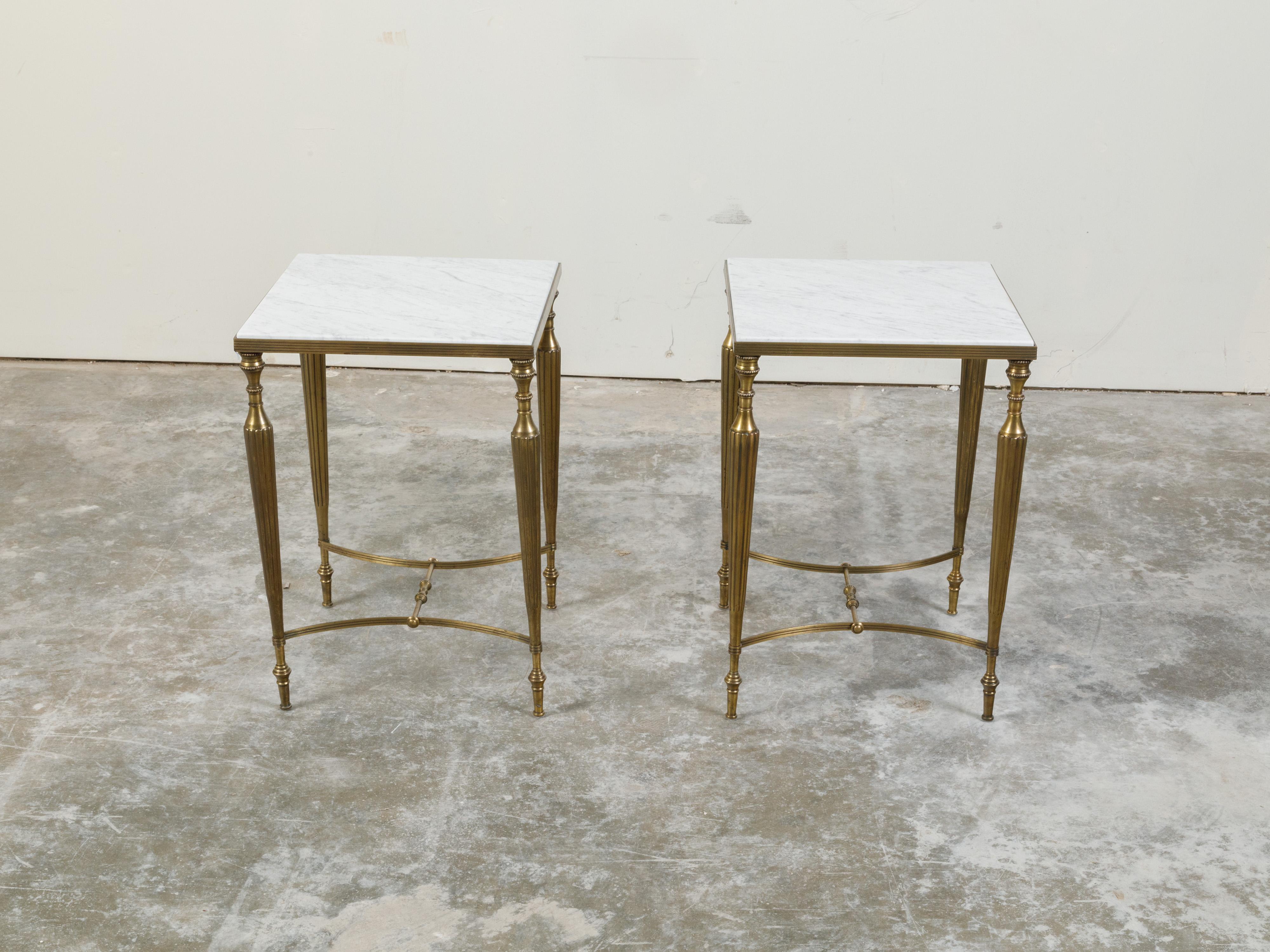 20th Century Pair of Midcentury Brass Side Tables with White Marble Tops and Reeded Legs