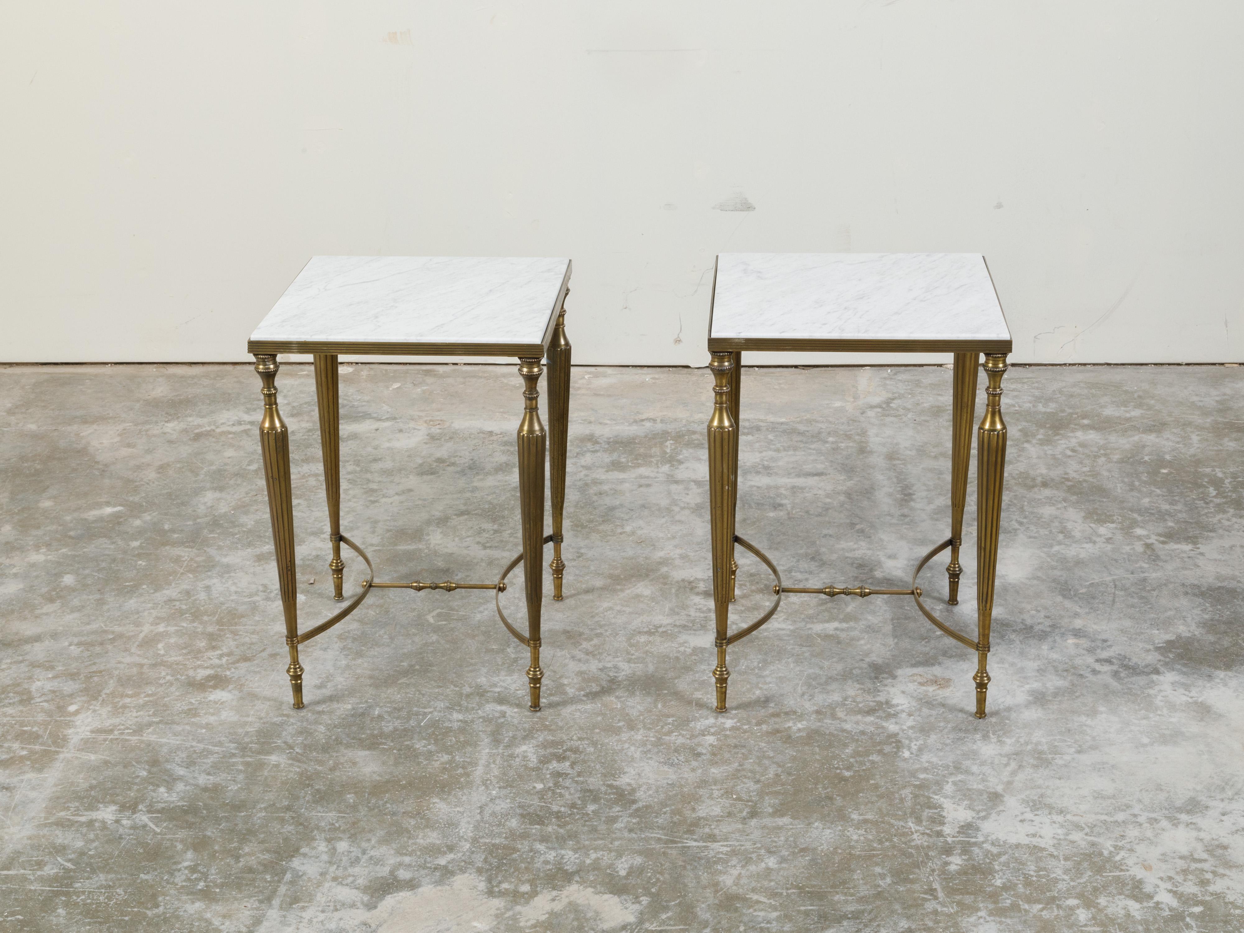 Pair of Midcentury Brass Side Tables with White Marble Tops and Reeded Legs 1