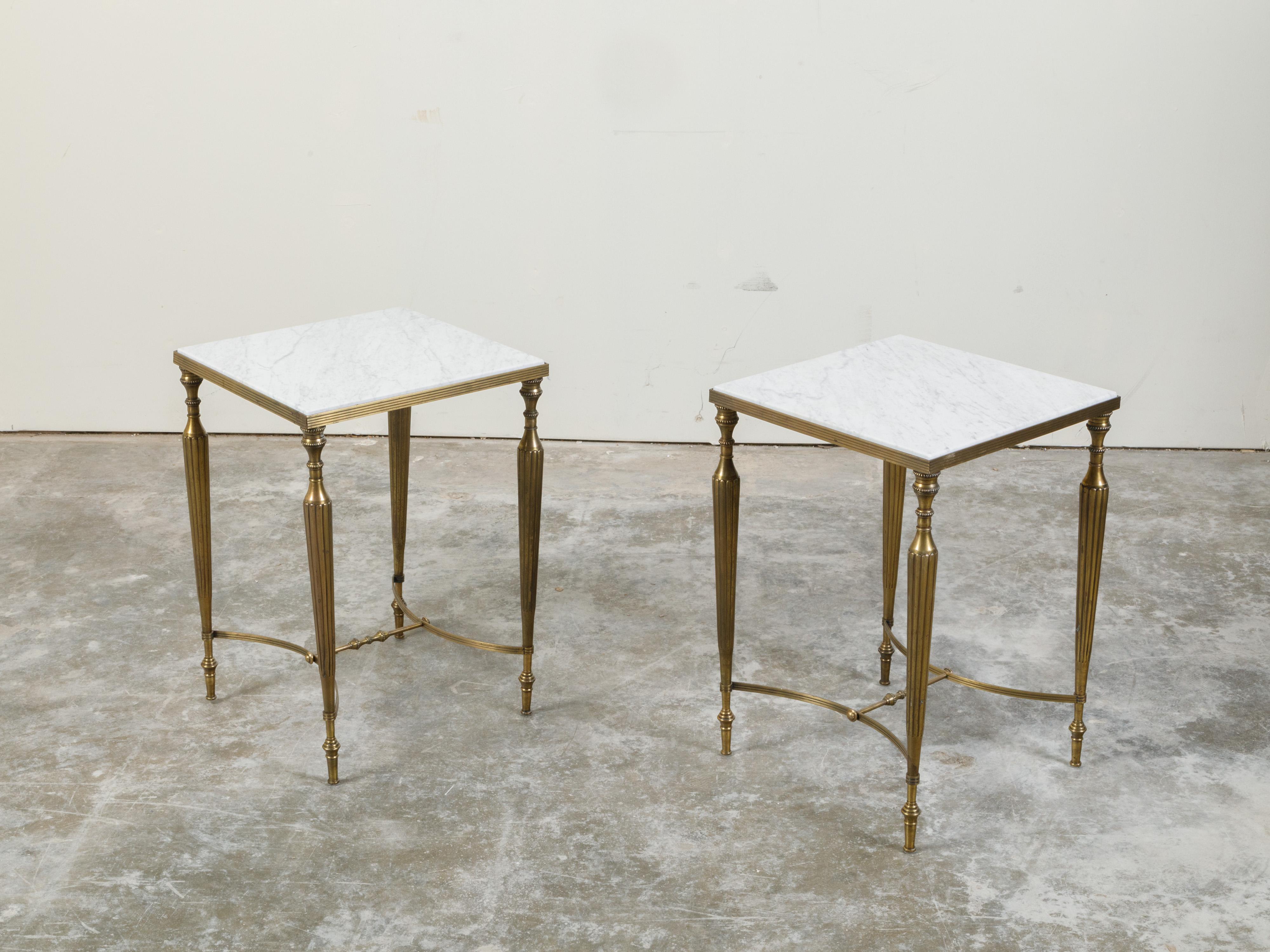 Pair of Midcentury Brass Side Tables with White Marble Tops and Reeded Legs 2