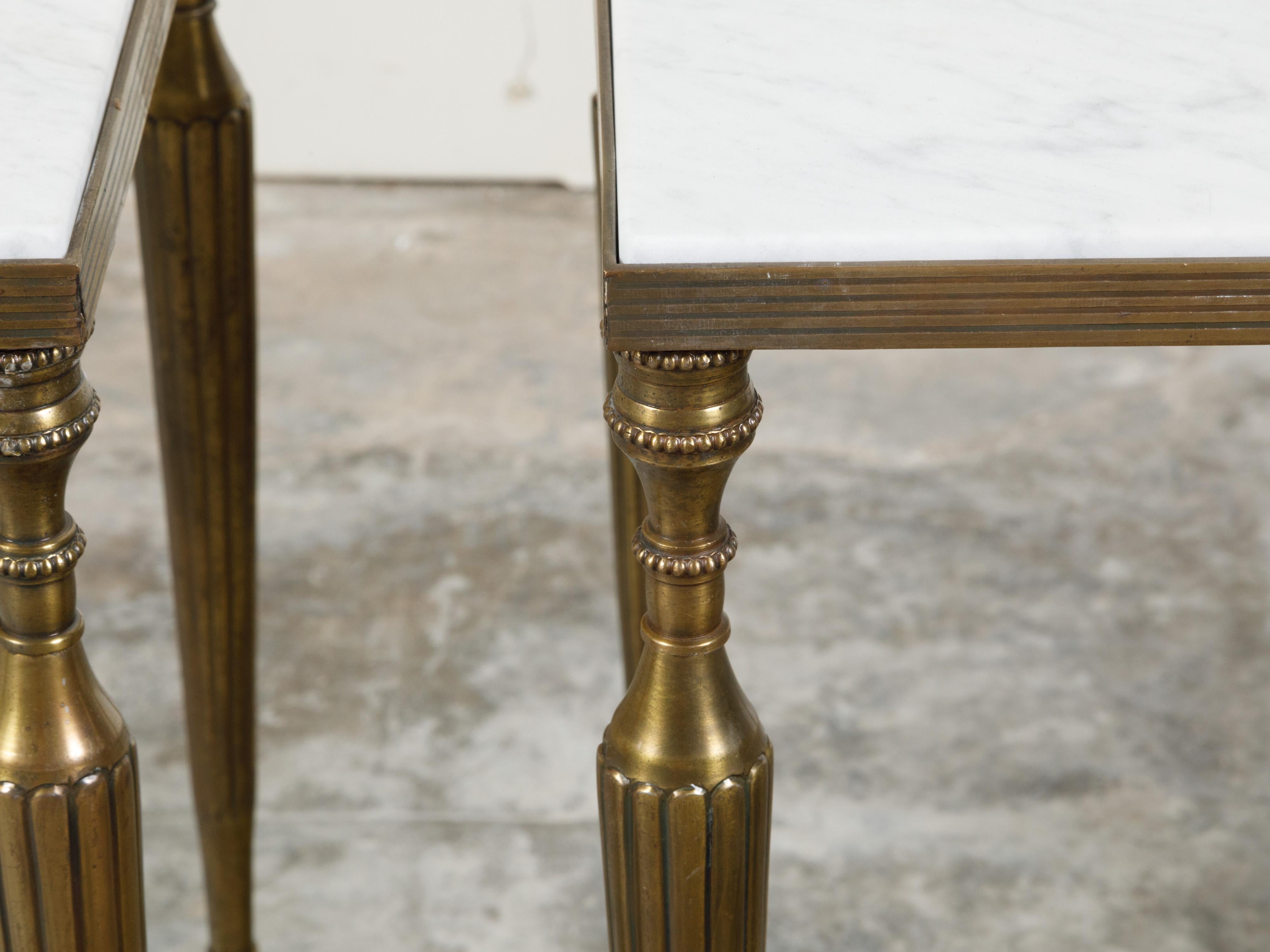 Pair of Midcentury Brass Side Tables with White Marble Tops and Reeded Legs 3