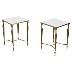 Pair of Midcentury Brass Side Tables with White Marble Tops and Reeded Legs