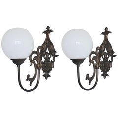 Pair of Wrought Iron Birds and Opaline Glass Wall Sconces, Indoor or Outdoor Use