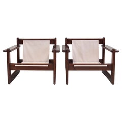 Pair of Midcentury Brazilian Walnut and Canvas Armchairs