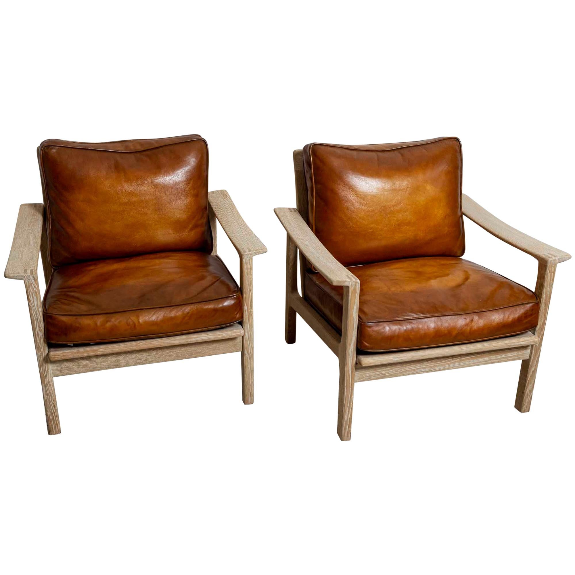 Pair of Midcentury Børge Mogensen Slatted Oak and Deep Leather Armchairs