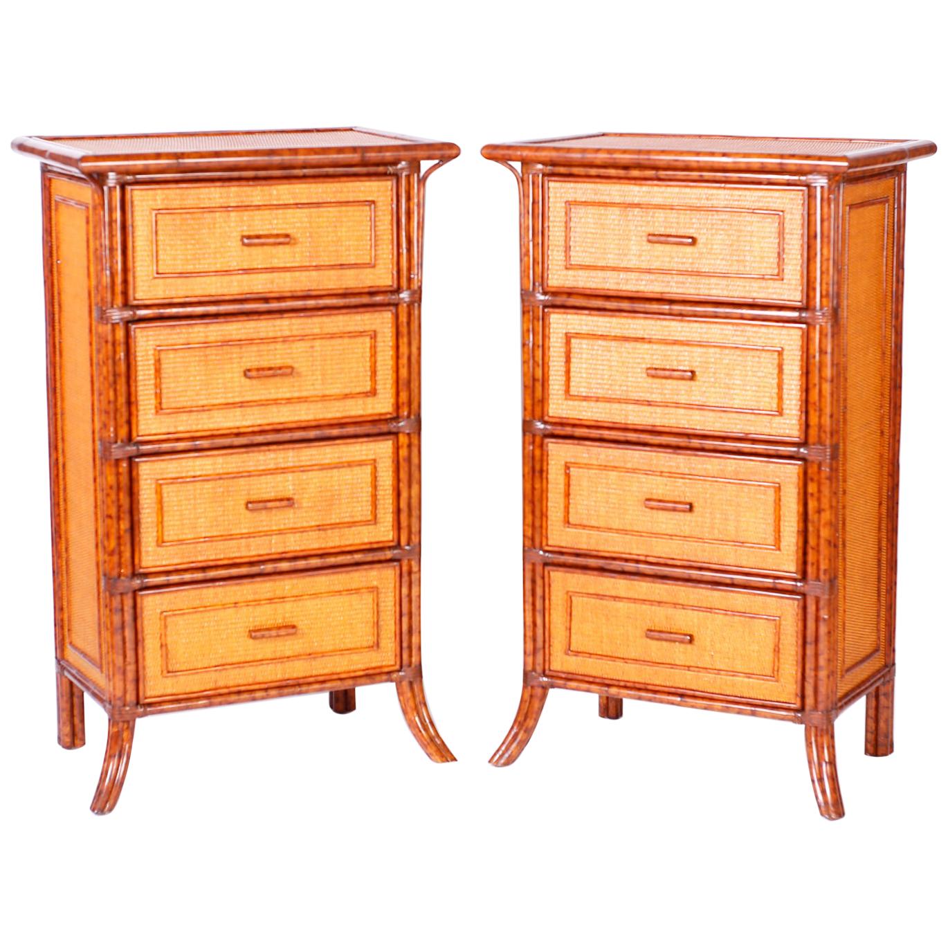 Pair of Midcentury British Colonial Style Faux Bamboo and Grasscloth Chests