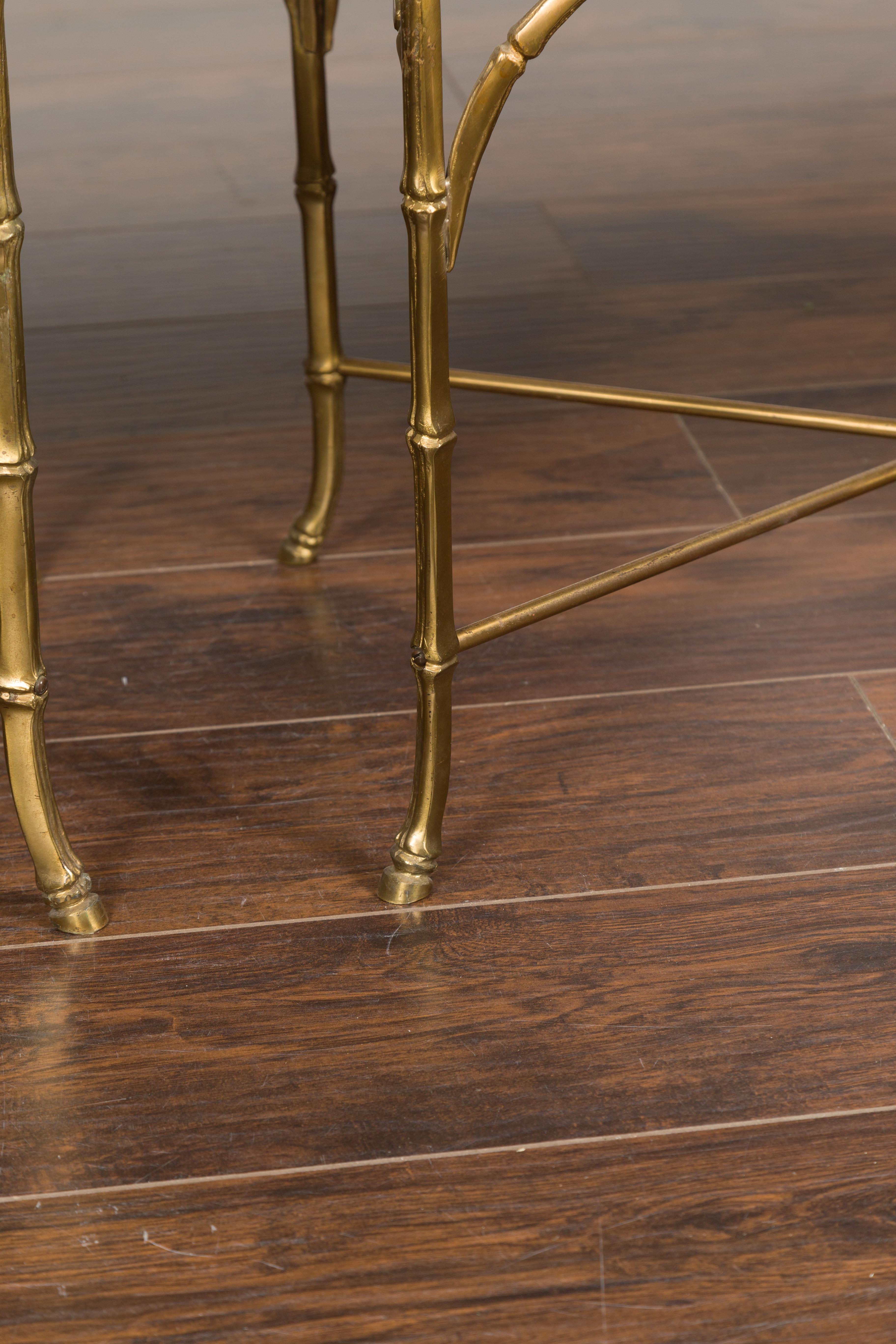 Pair of Midcentury Bronze Low Side Tables with Marble Tops and Faux-Bamboo Bases For Sale 5