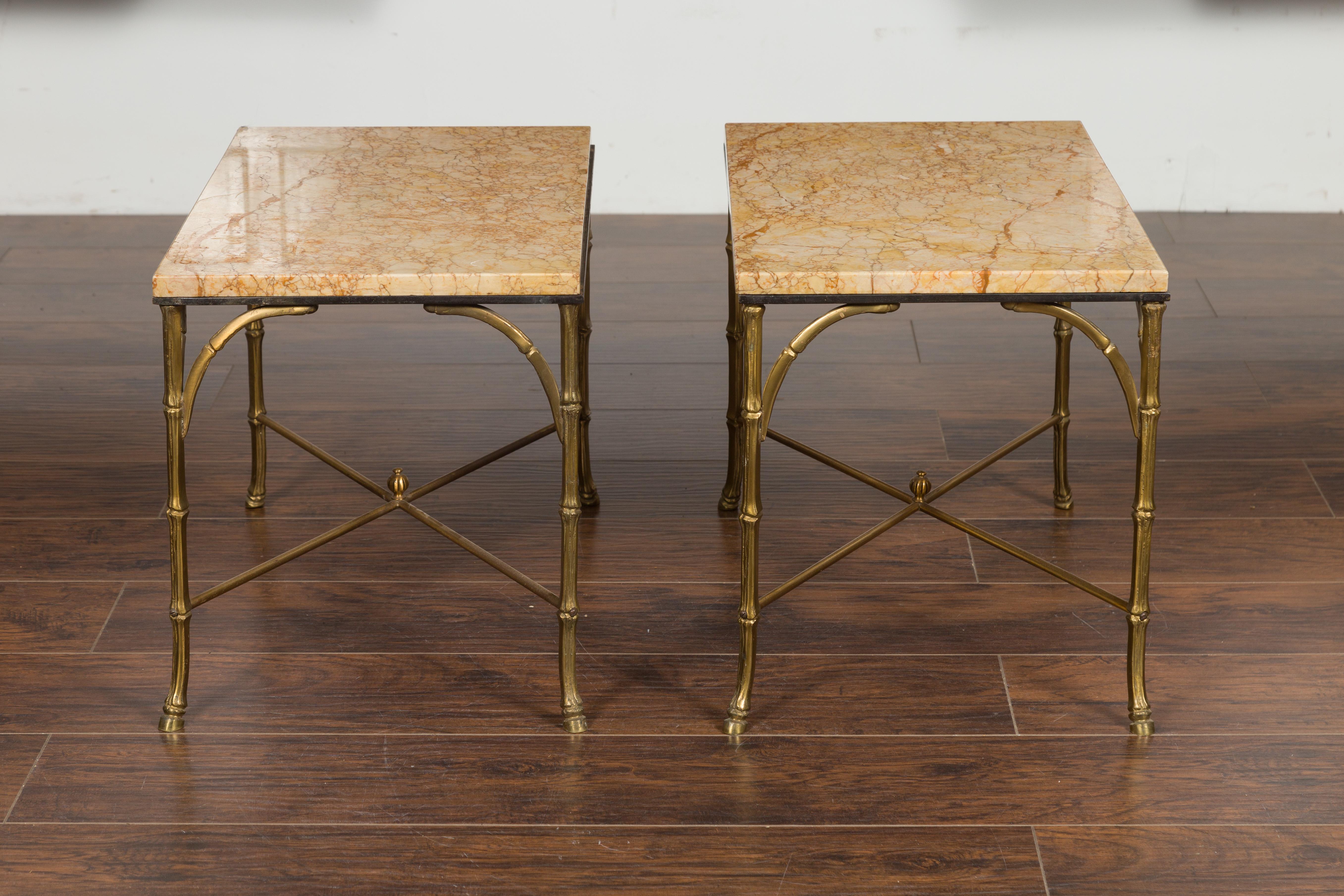 Pair of Midcentury Bronze Low Side Tables with Marble Tops and Faux-Bamboo Bases For Sale 7
