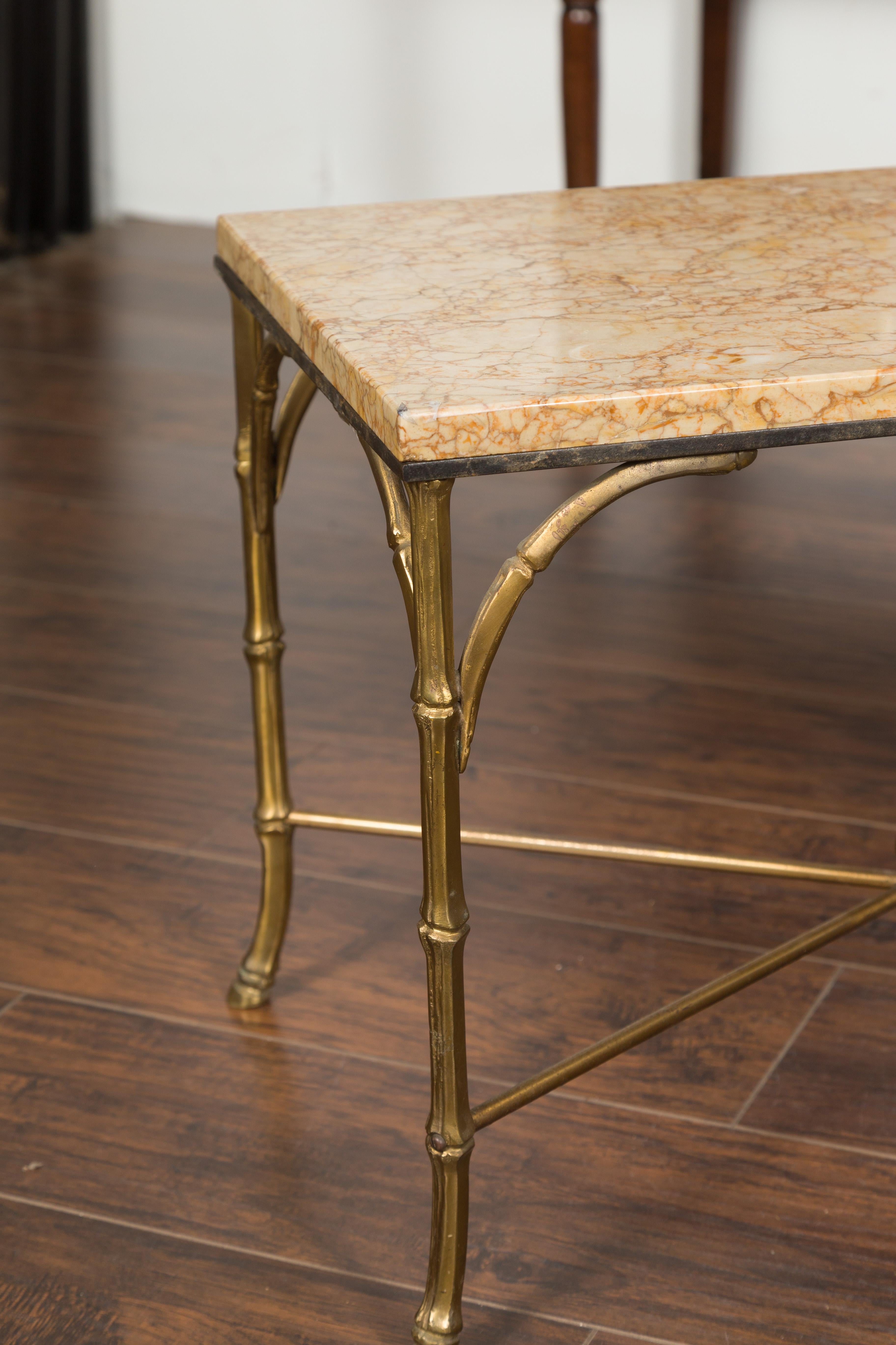 Mid-Century Modern Pair of Midcentury Bronze Low Side Tables with Marble Tops and Faux-Bamboo Bases For Sale