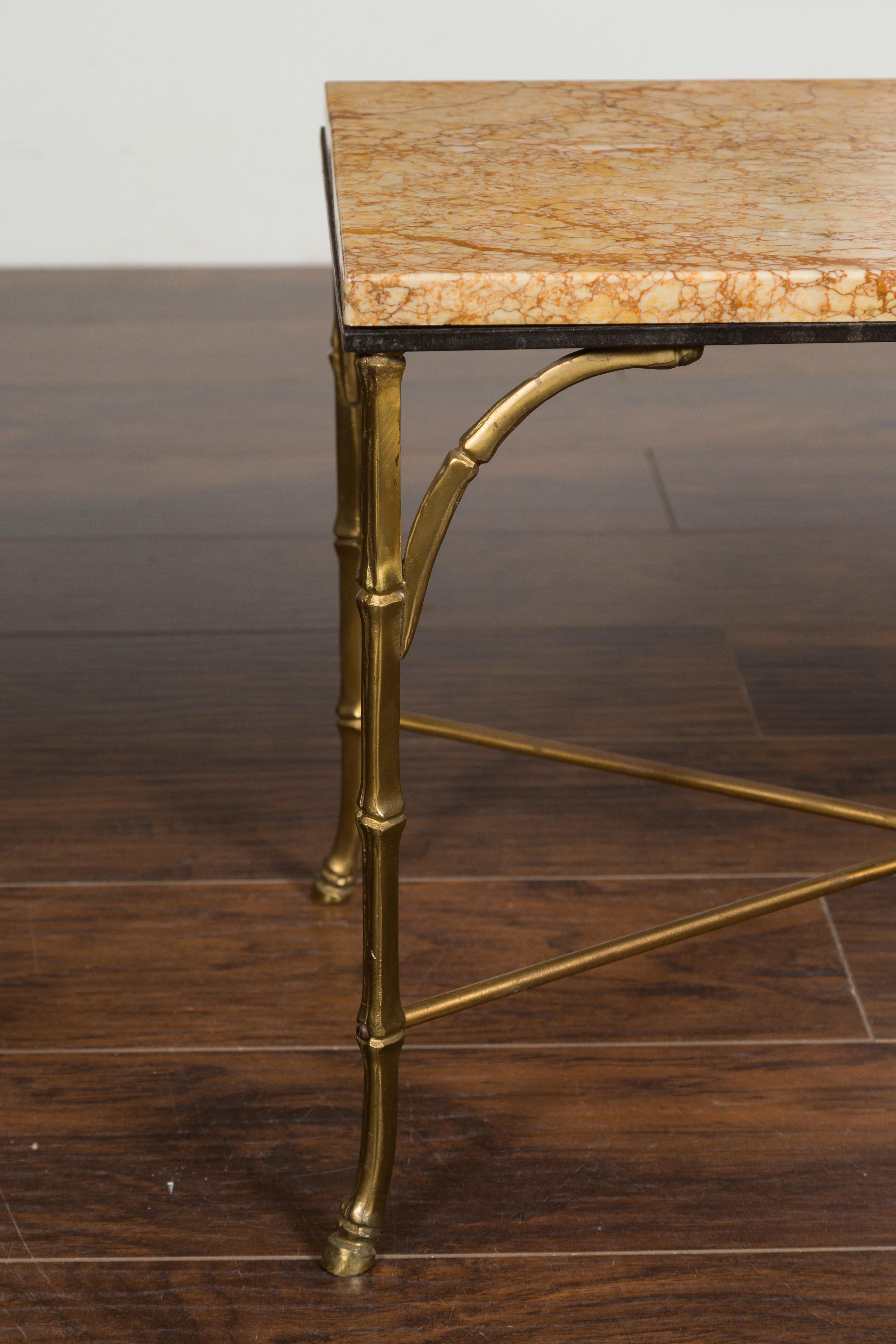 European Pair of Midcentury Bronze Low Side Tables with Marble Tops and Faux-Bamboo Bases For Sale