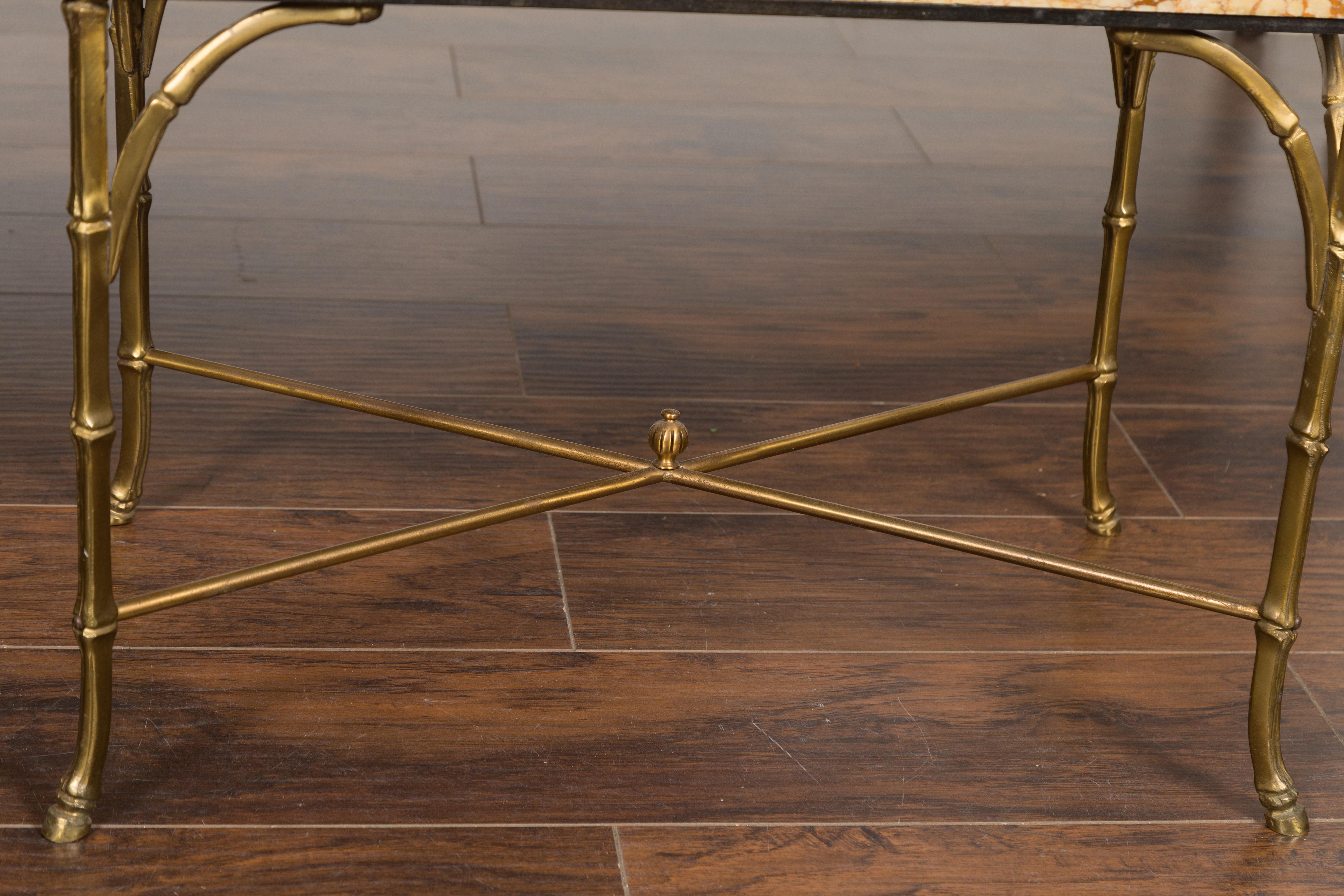 Pair of Midcentury Bronze Low Side Tables with Marble Tops and Faux-Bamboo Bases In Good Condition For Sale In Atlanta, GA