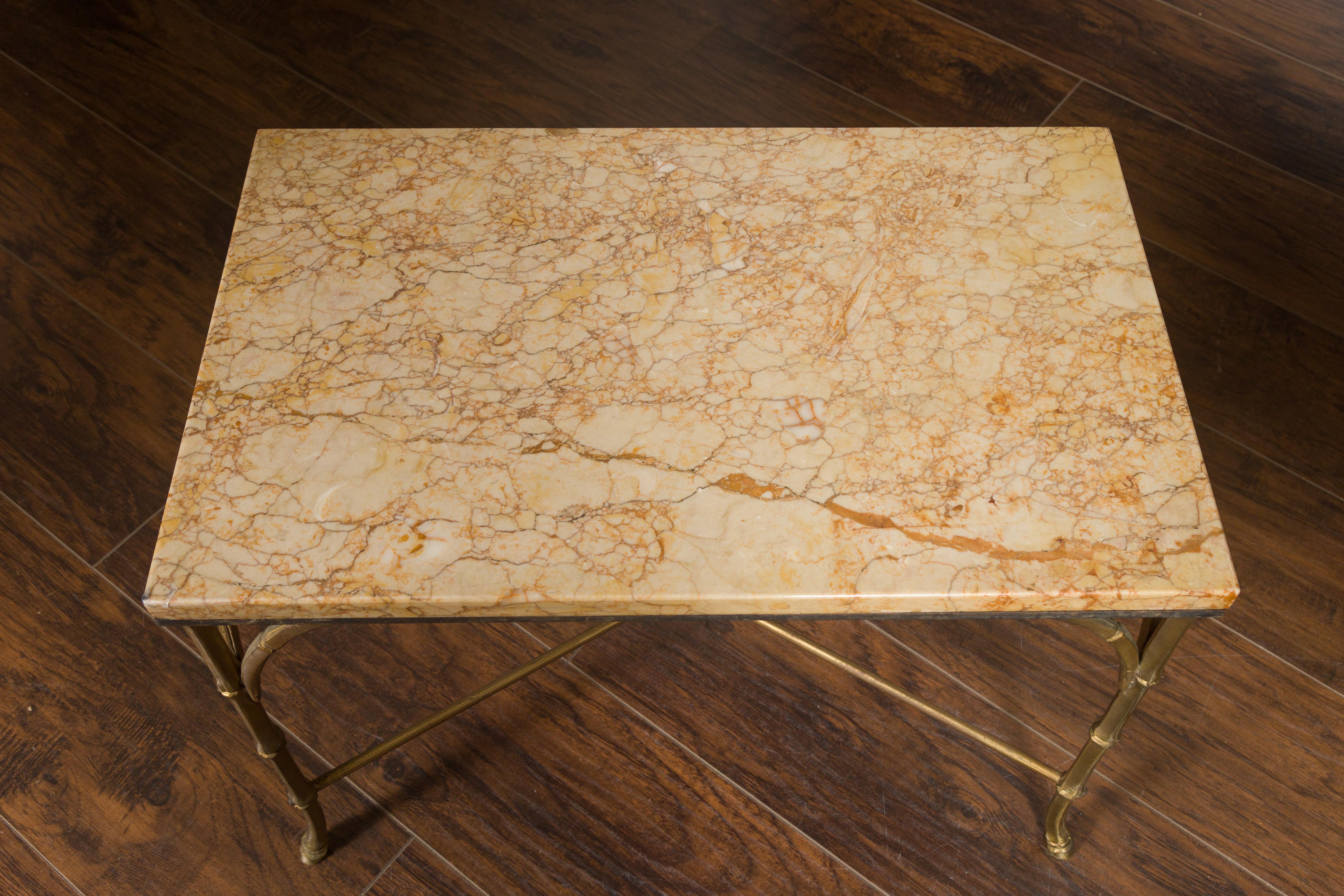 Pair of Midcentury Bronze Low Side Tables with Marble Tops and Faux-Bamboo Bases For Sale 2