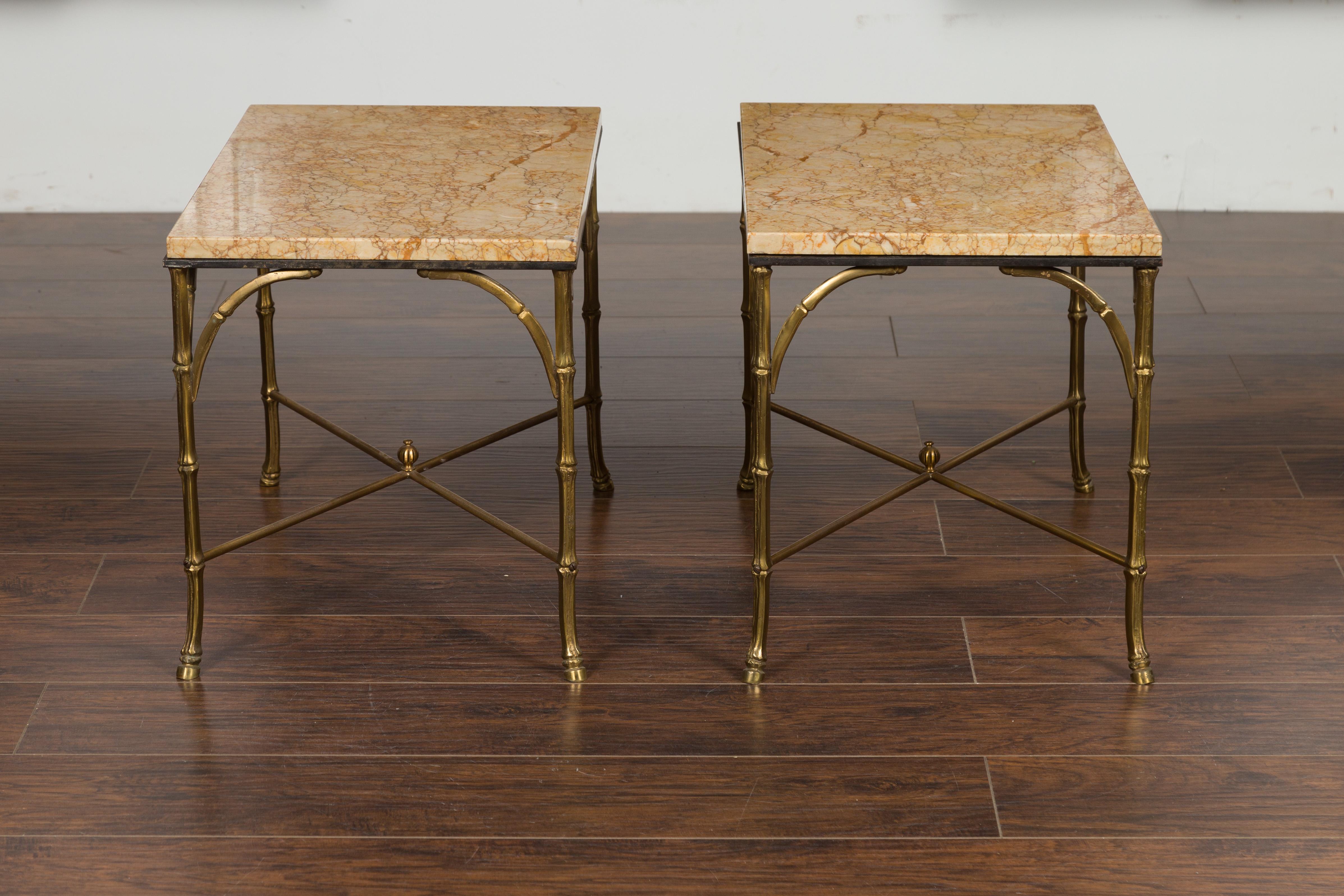 Pair of Midcentury Bronze Low Side Tables with Marble Tops and Faux-Bamboo Bases For Sale 3