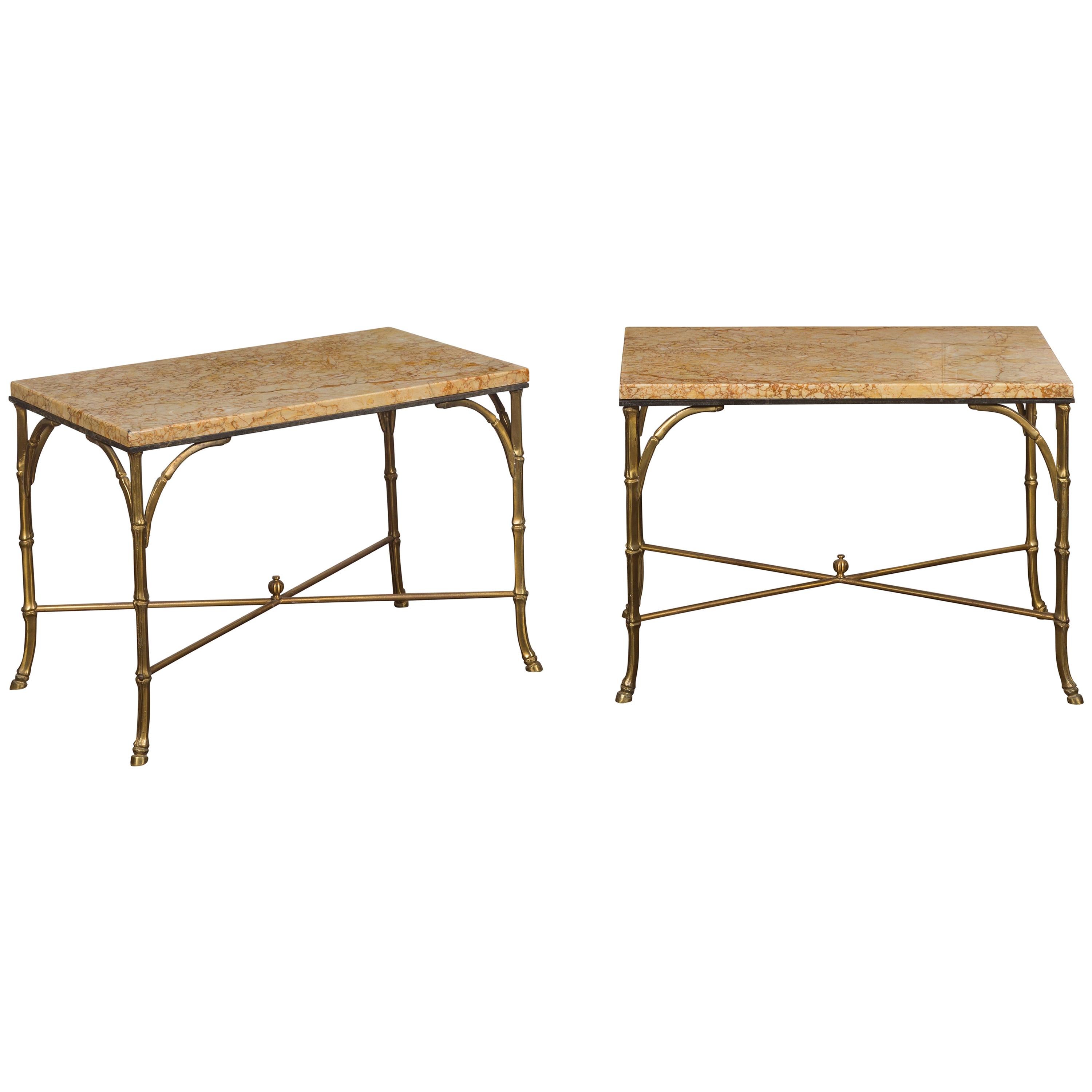 Pair of Midcentury Bronze Low Side Tables with Marble Tops and Faux-Bamboo Bases