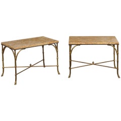 Pair of Midcentury Bronze Low Side Tables with Marble Tops and Faux-Bamboo Bases