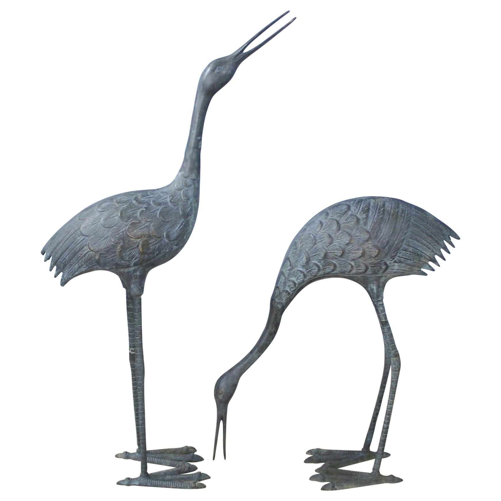 Pair of Midcentury Bronze Storks with Verdigris Patina