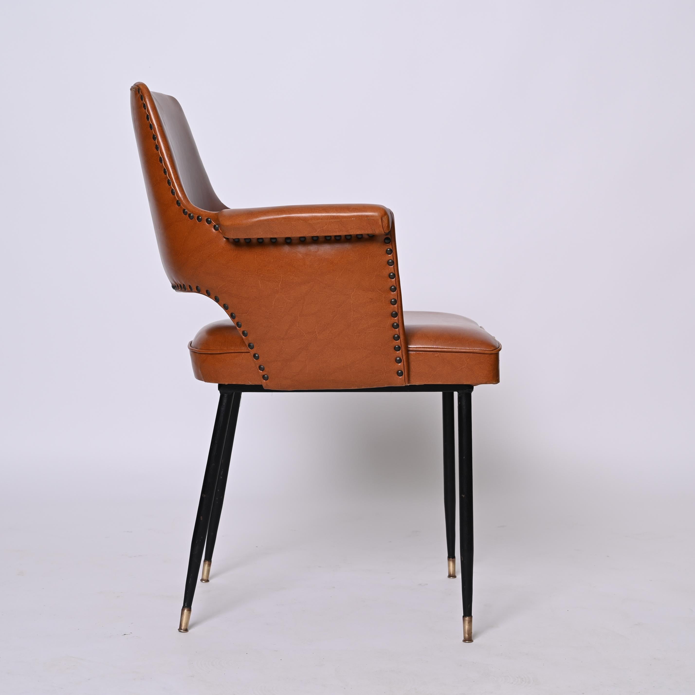 Pair of Brown Faux Leather, Brass and Metal Armchairs, Andre Motte, Italy 1950s For Sale 3