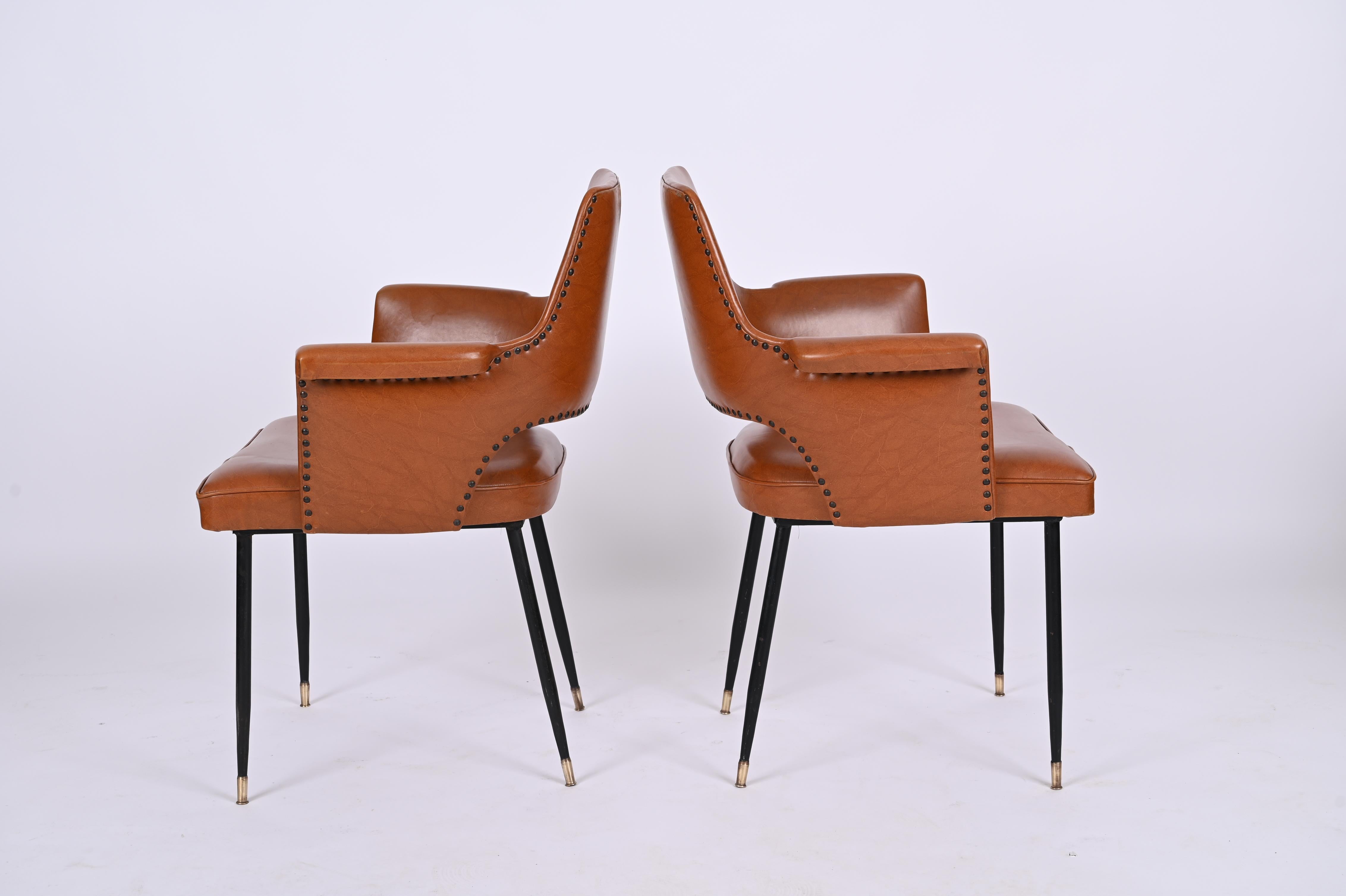 Pair of Brown Faux Leather, Brass and Metal Armchairs, Andre Motte, Italy 1950s For Sale 4