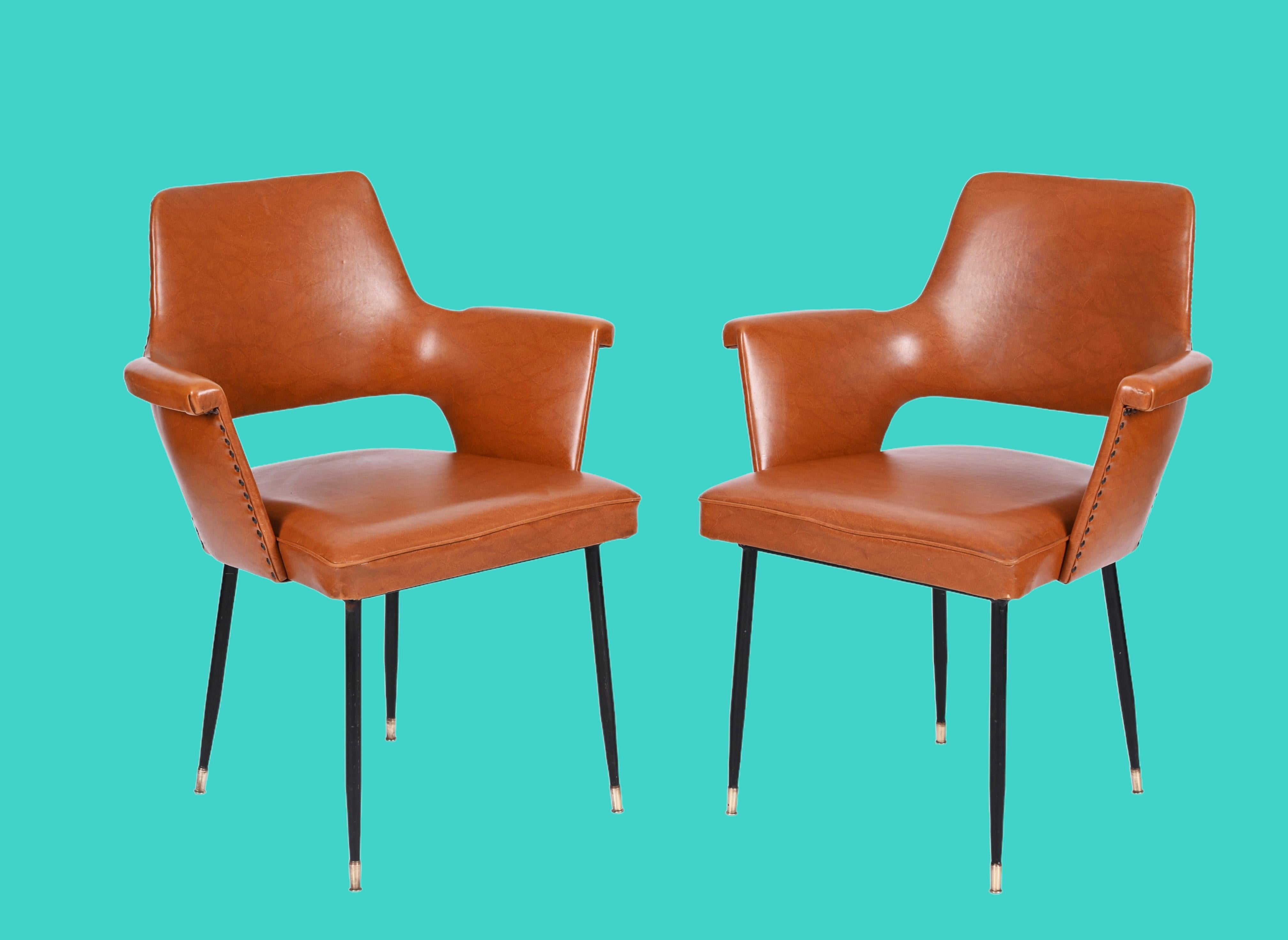 Pair of Brown Faux Leather, Brass and Metal Armchairs, Andre Motte, Italy 1950s For Sale 6
