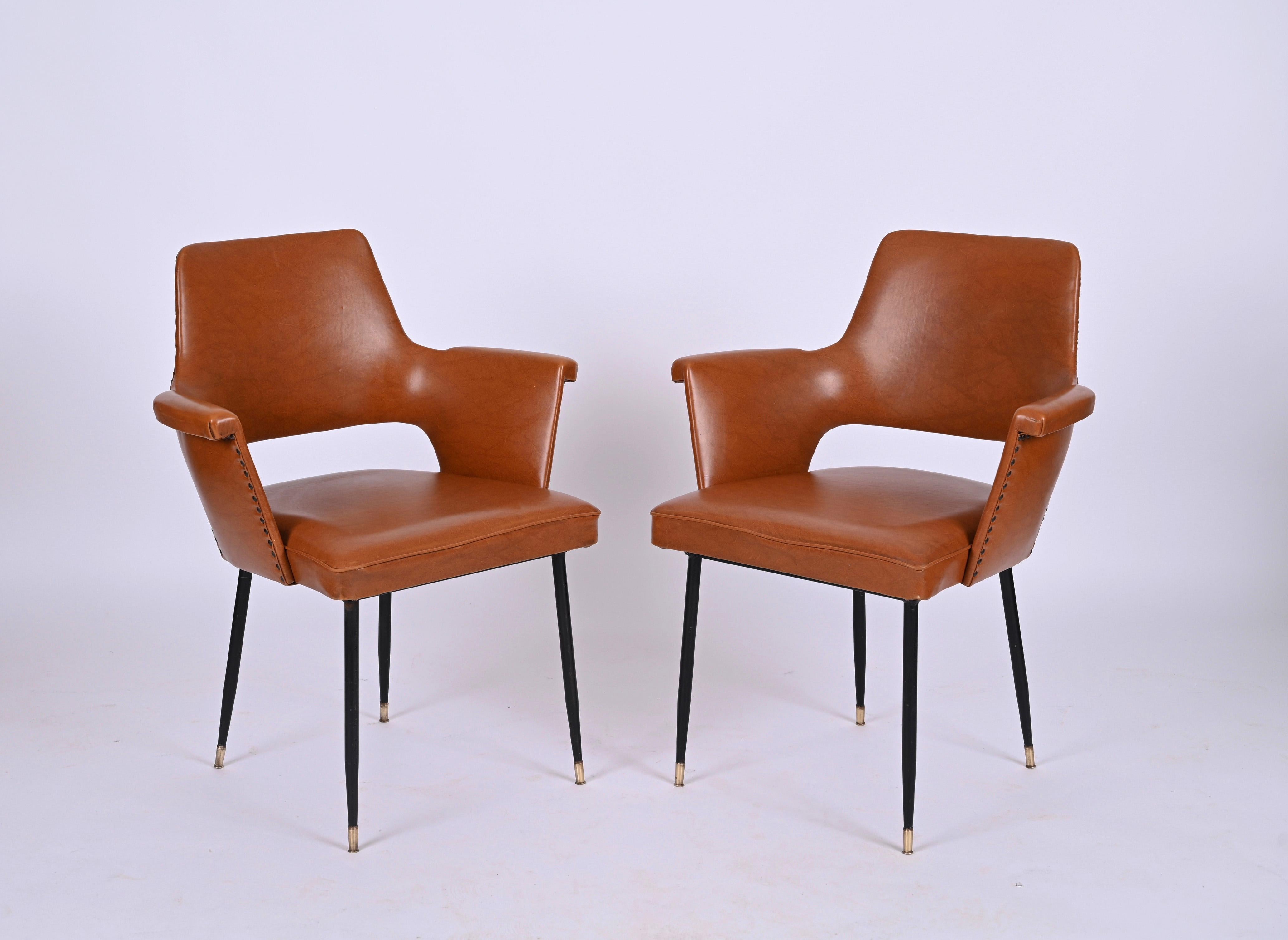Pair of Brown Faux Leather, Brass and Metal Armchairs, Andre Motte, Italy 1950s For Sale 7