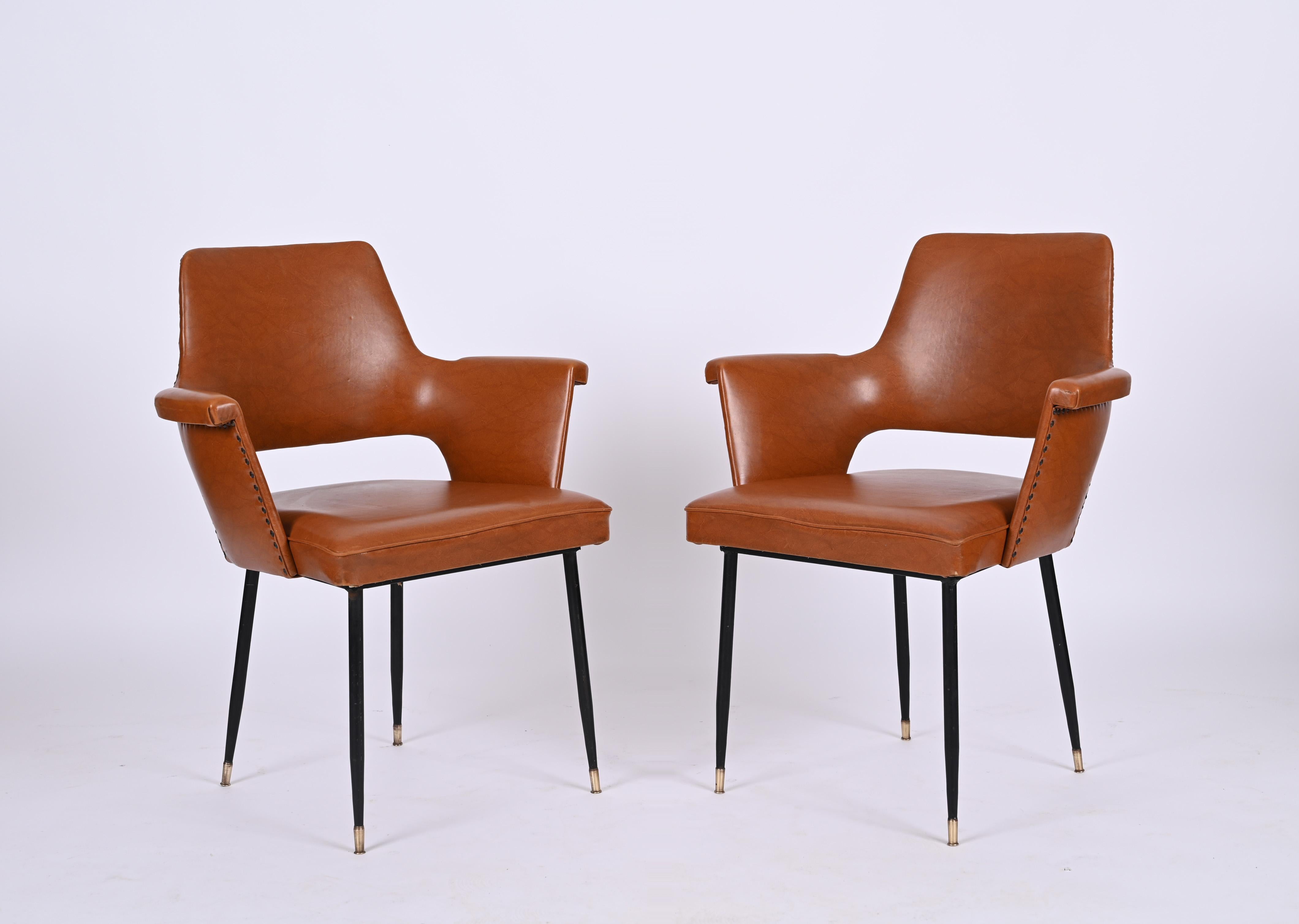 Pair of Brown Faux Leather, Brass and Metal Armchairs, Andre Motte, Italy 1950s For Sale 8