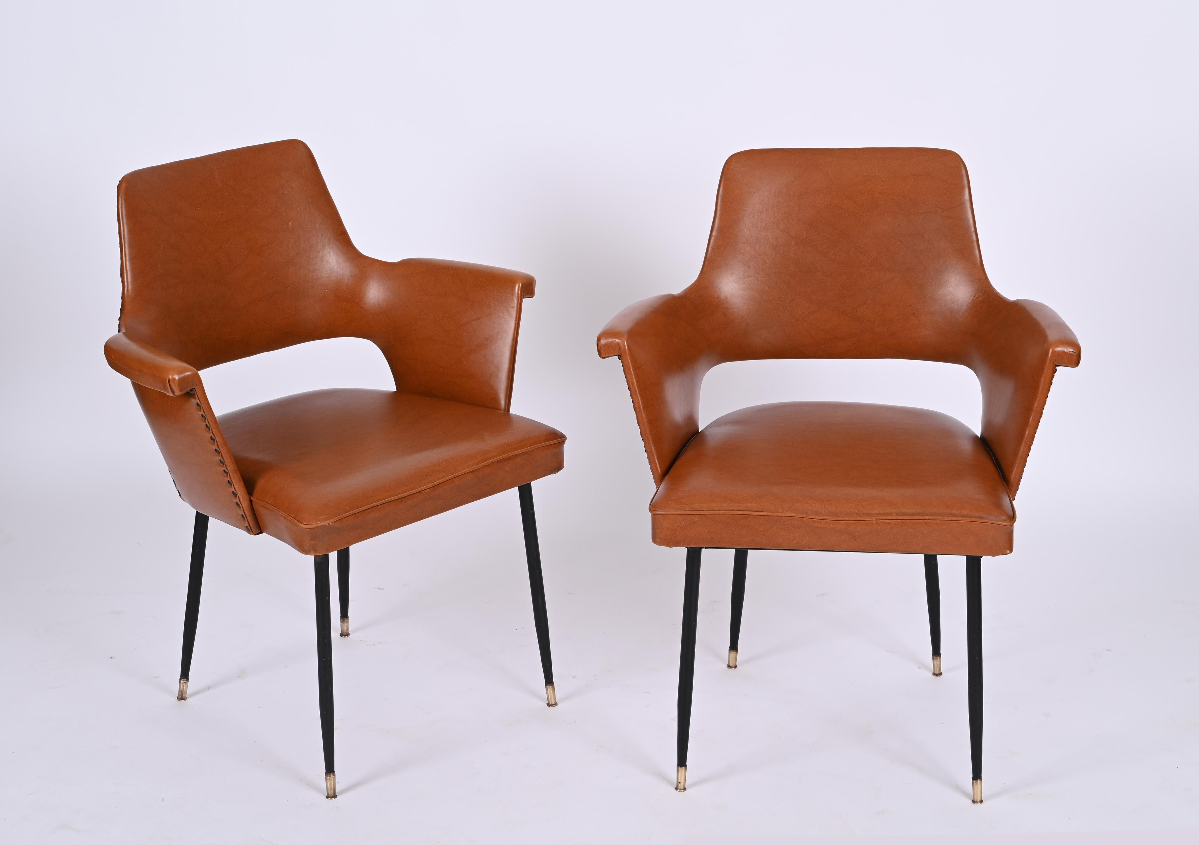 Pair of Brown Faux Leather, Brass and Metal Armchairs, Andre Motte, Italy 1950s For Sale 9