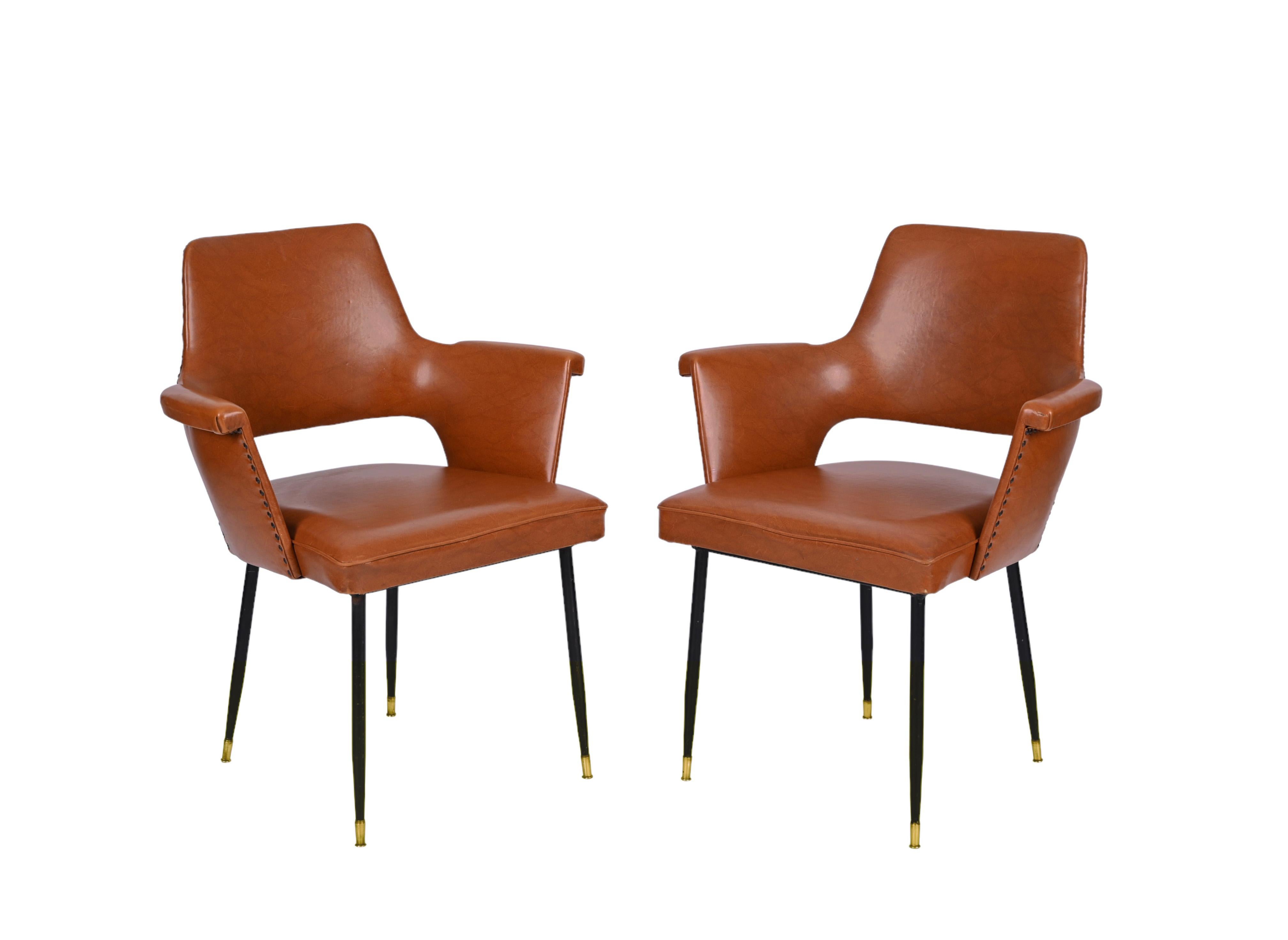 Pair of Brown Faux Leather, Brass and Metal Armchairs, Andre Motte, Italy 1950s For Sale 10