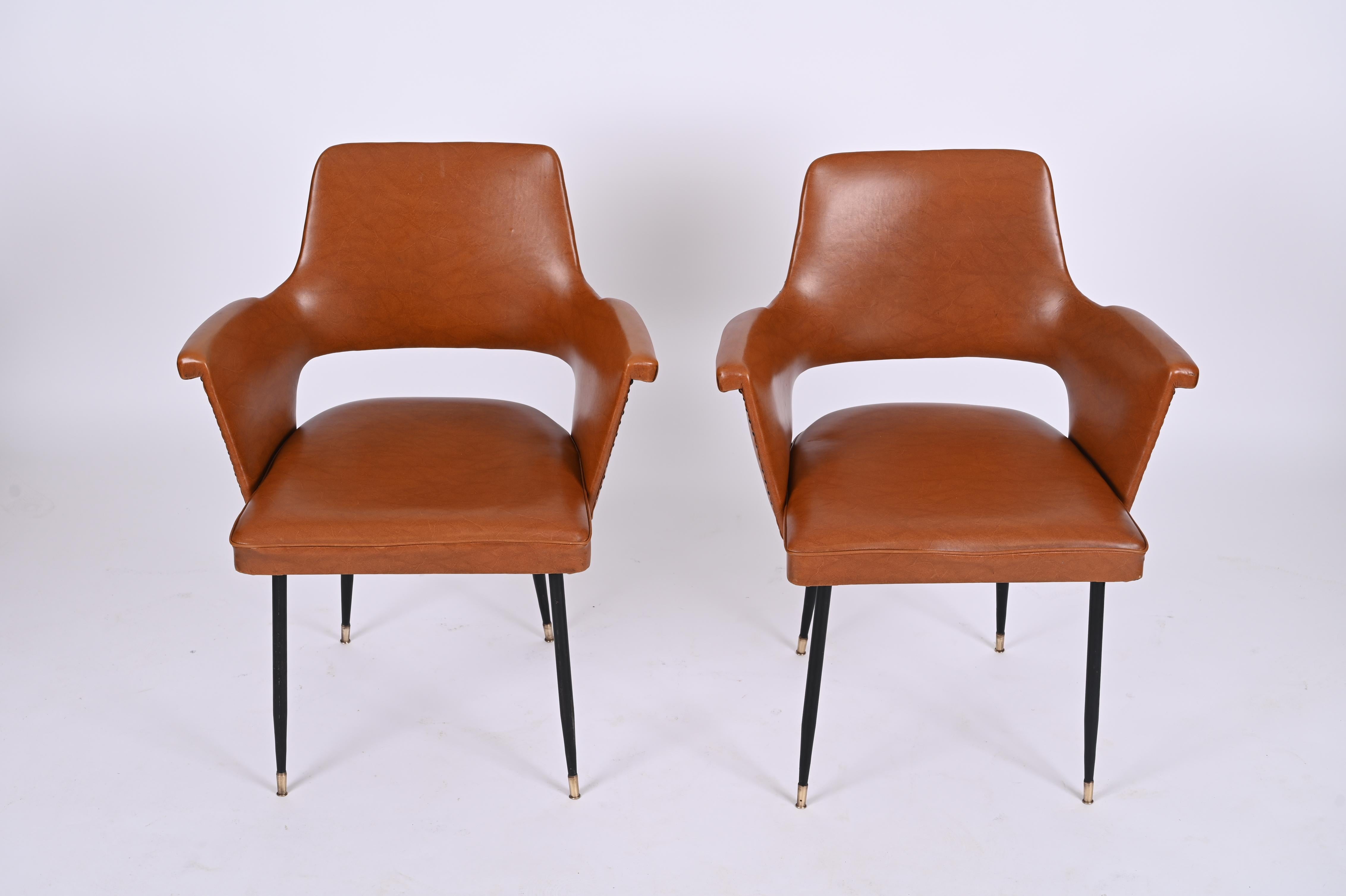 Pair of Brown Faux Leather, Brass and Metal Armchairs, Andre Motte, Italy 1950s For Sale 11