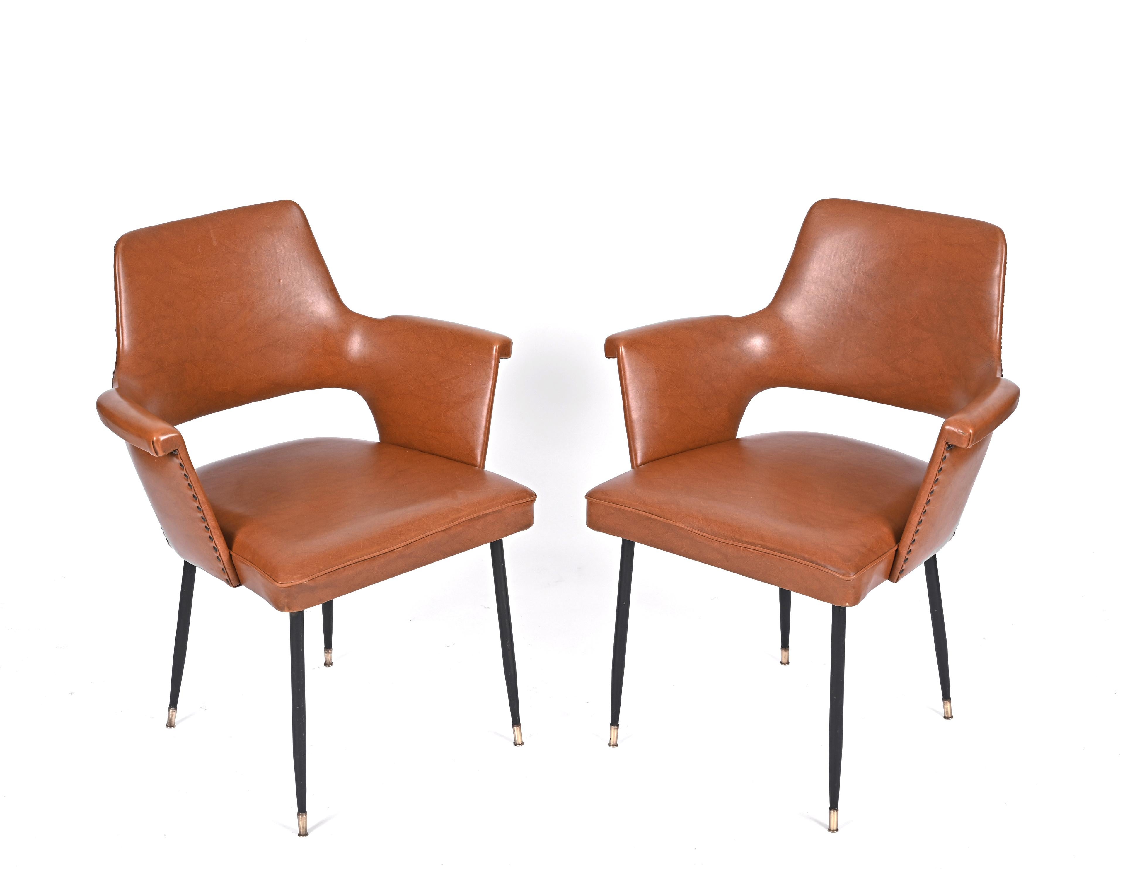 Pair of Brown Faux Leather, Brass and Metal Armchairs, Andre Motte, Italy 1950s For Sale 1