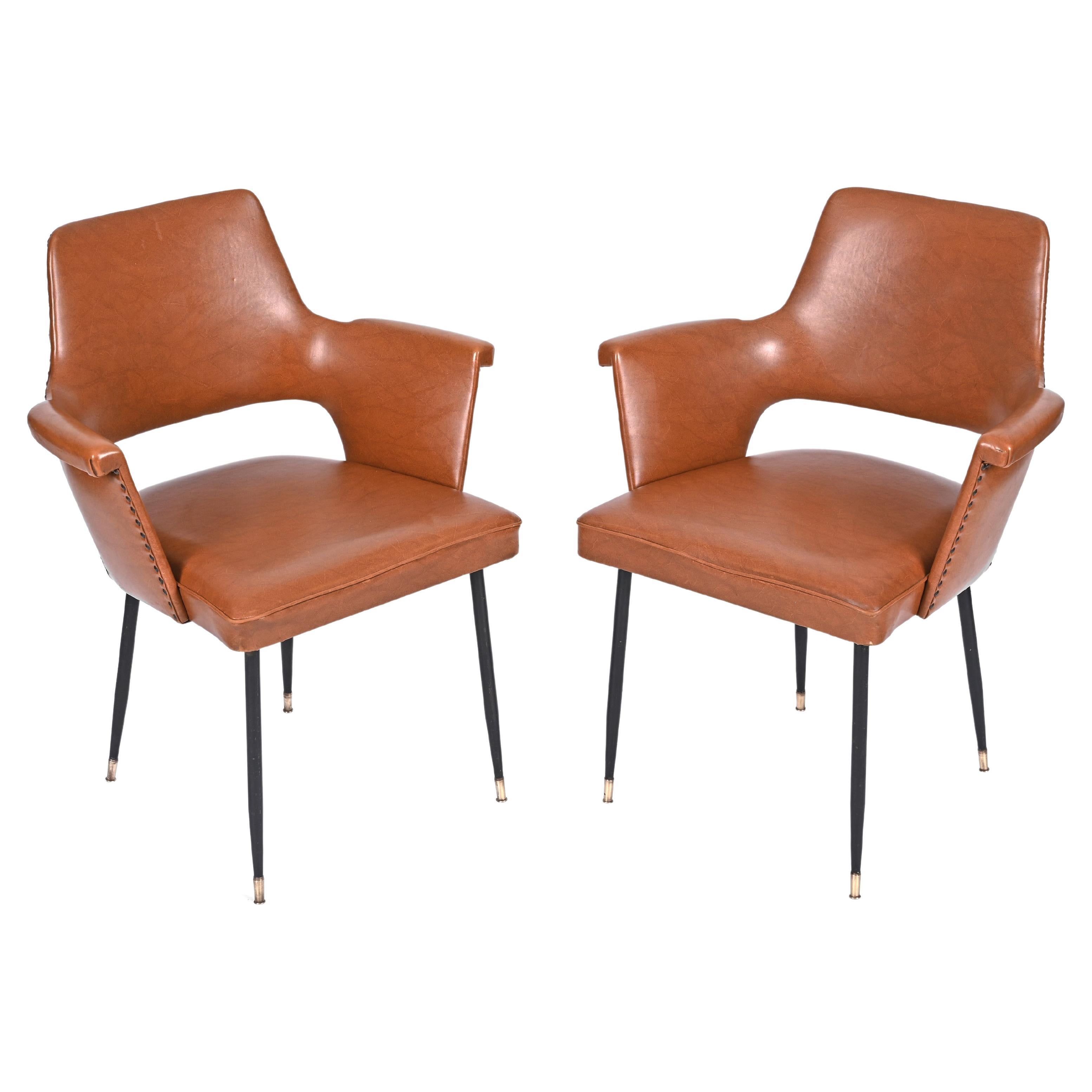 Pair of Brown Faux Leather, Brass and Metal Armchairs, Andre Motte, Italy 1950s