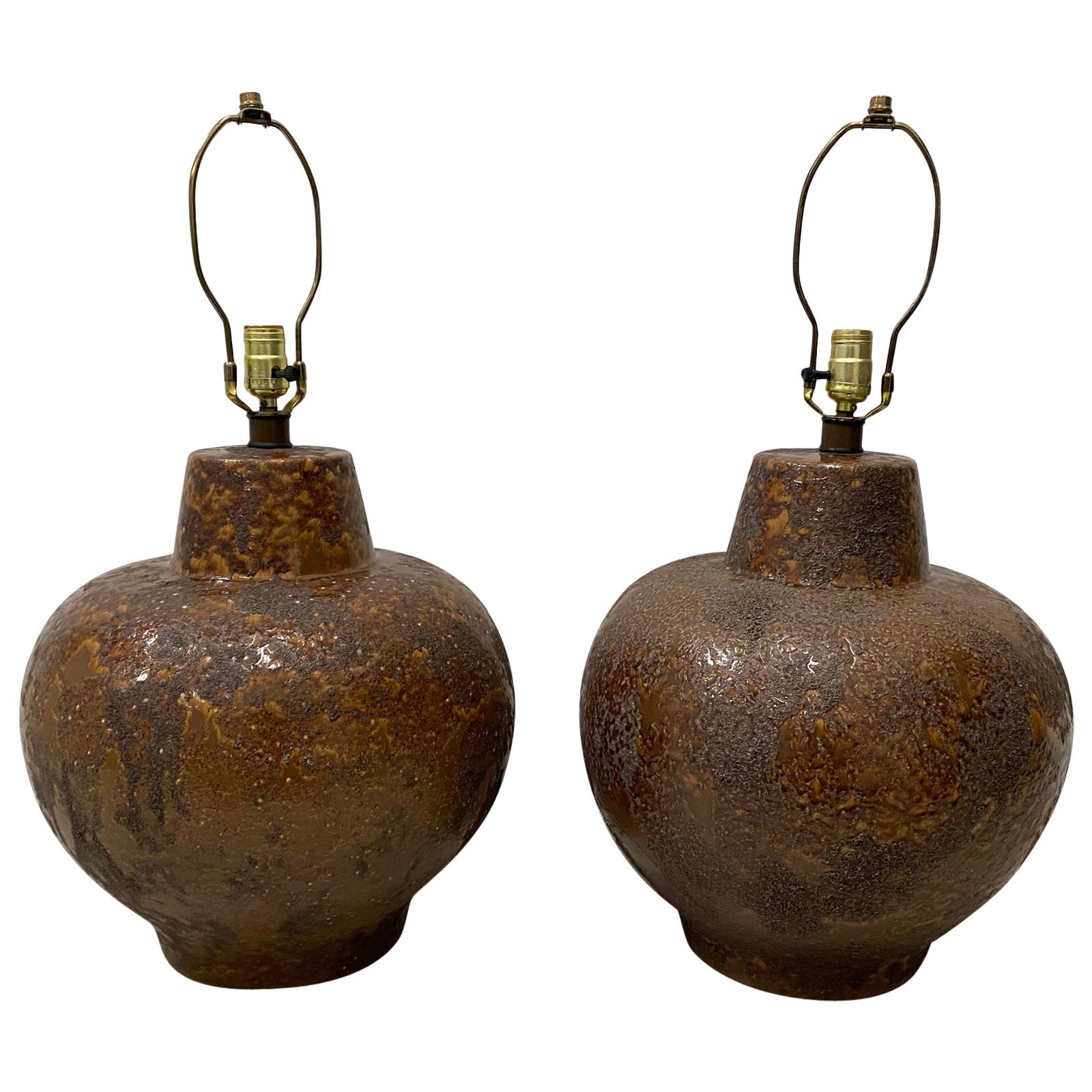 Pair of Midcentury Brown Lava Glaze Table Lamps, circa 1970