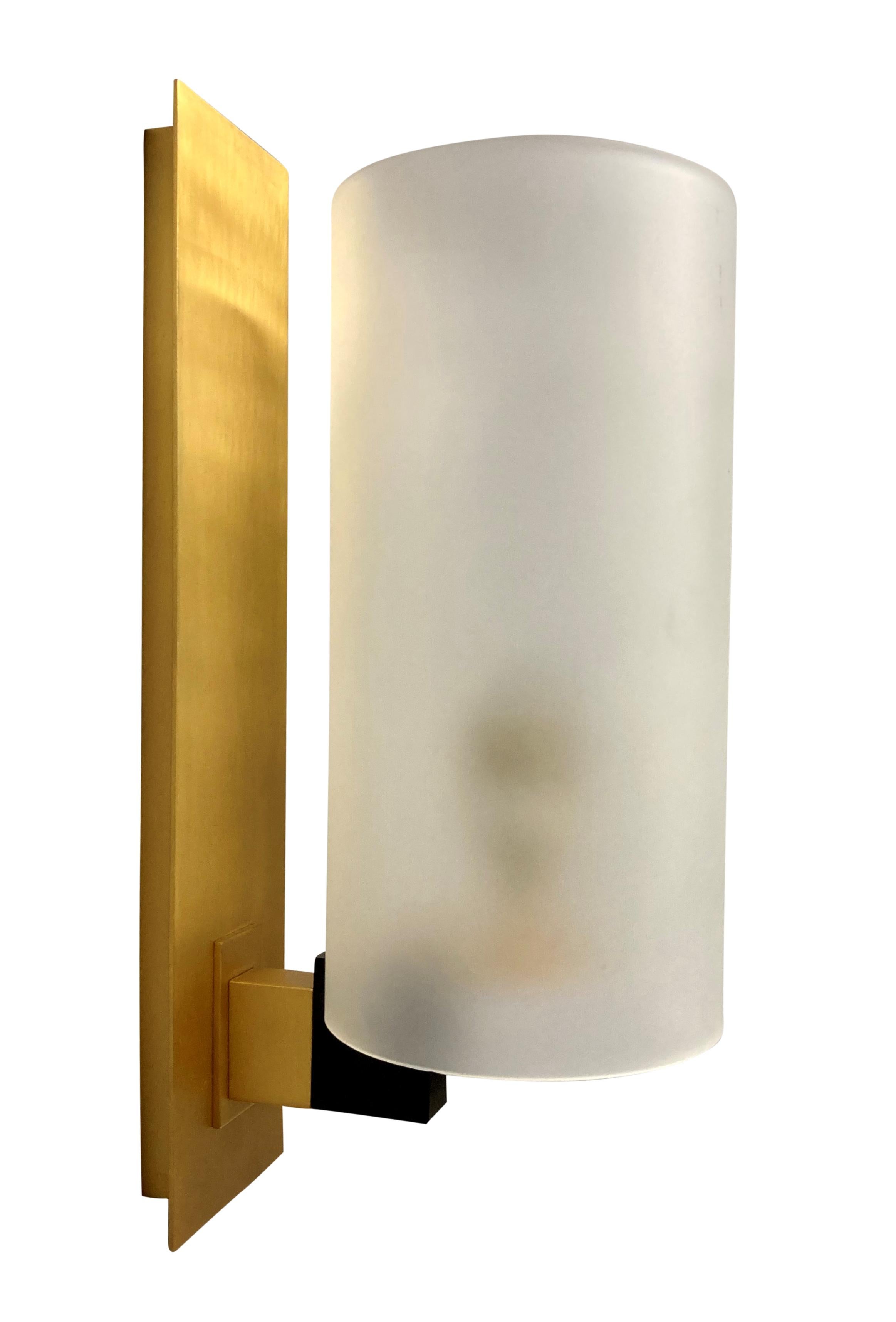 Italian Pair Of Midcentury Brushed Brass & Frosted Glass Wall Sconces For Sale