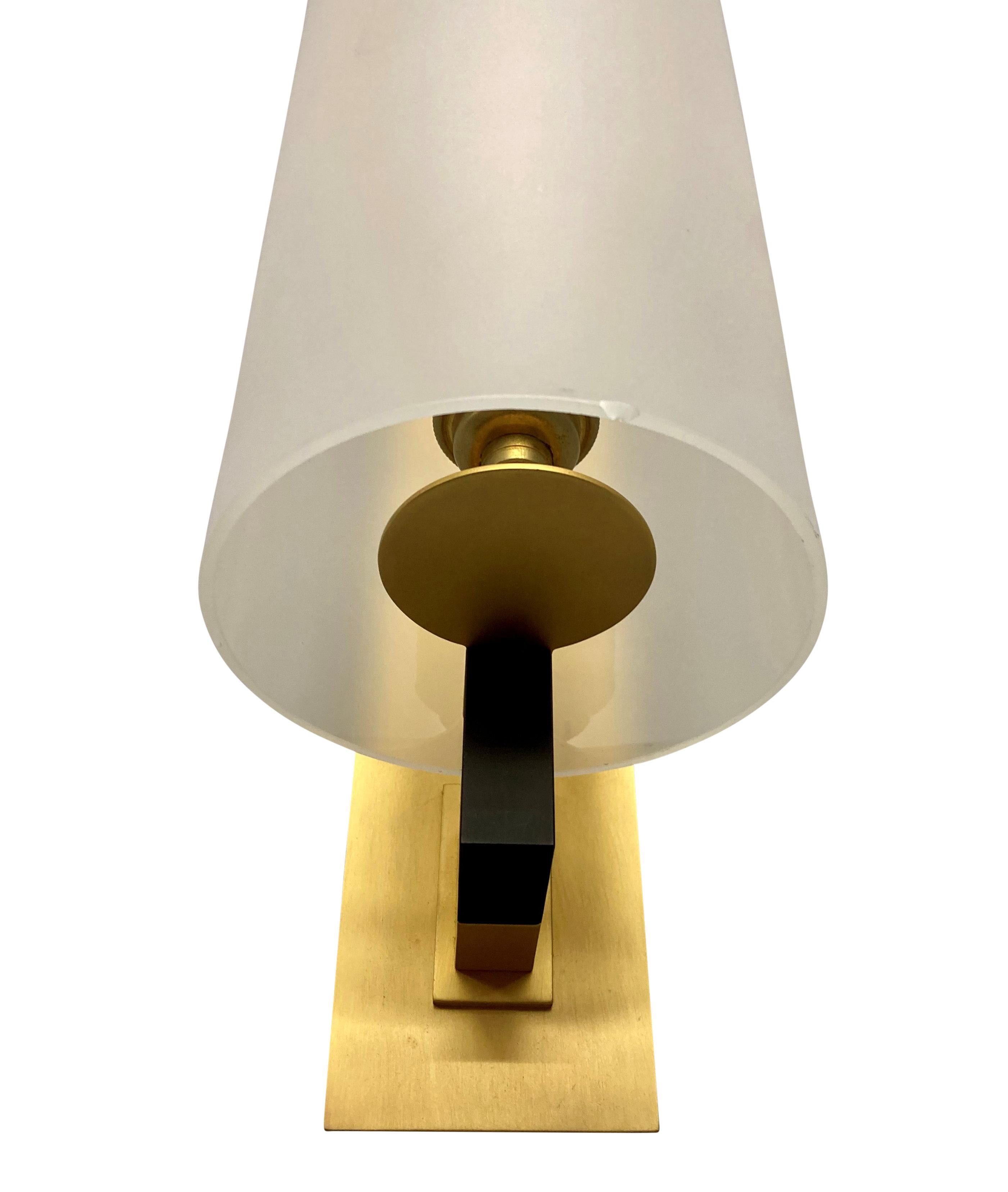Pair Of Midcentury Brushed Brass & Frosted Glass Wall Sconces In Good Condition For Sale In London, GB