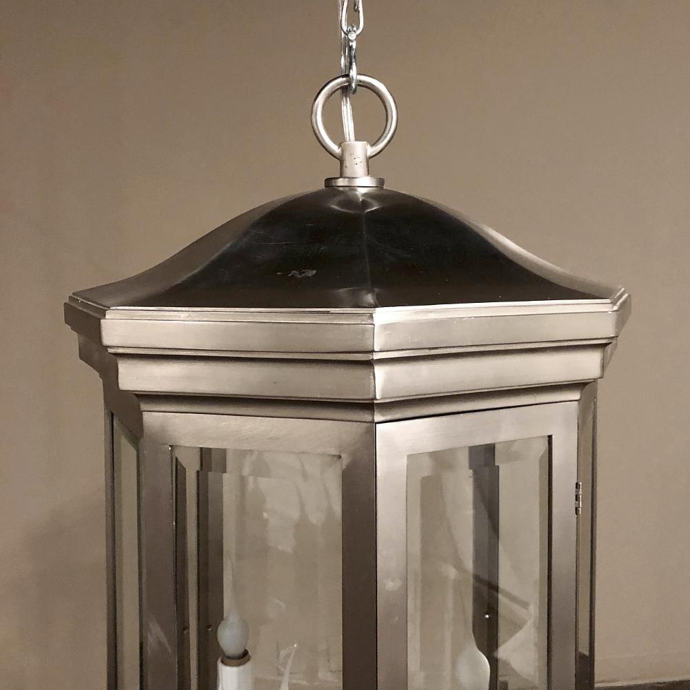 Pair of Midcentury Brushed Steel Lantern Chandeliers For Sale 4