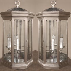 Pair of Midcentury Brushed Steel Lantern Chandeliers