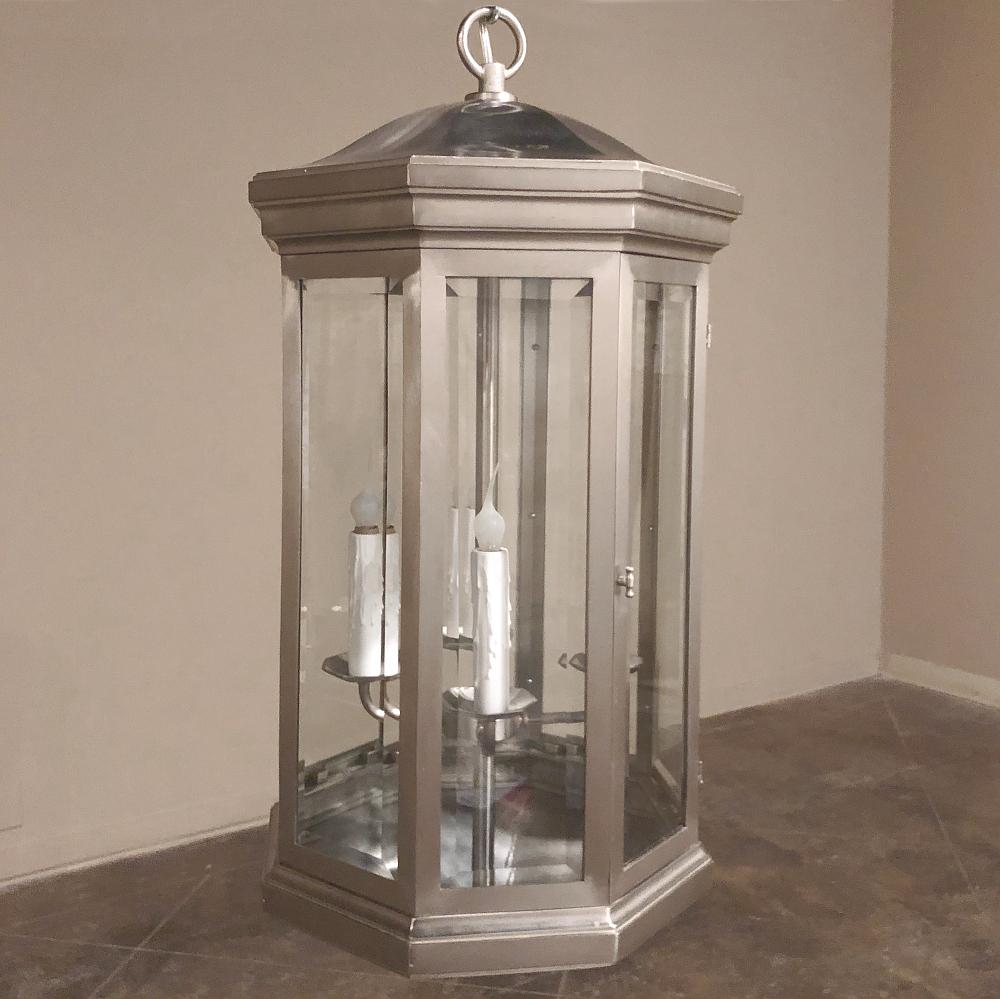 Mid-Century Modern Pair of Midcentury Brushed Steel Lantern Chandeliers For Sale