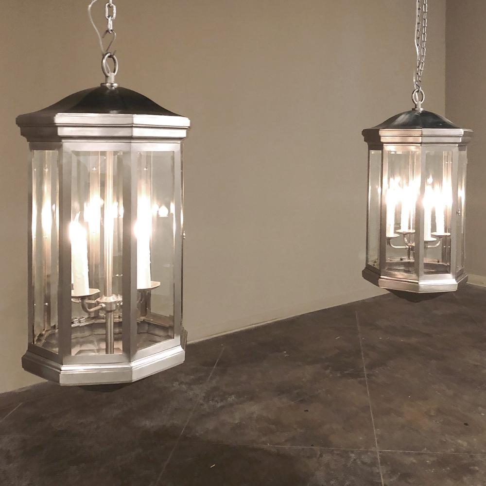 Pair of Midcentury Brushed Steel Lantern Chandeliers In Good Condition For Sale In Dallas, TX