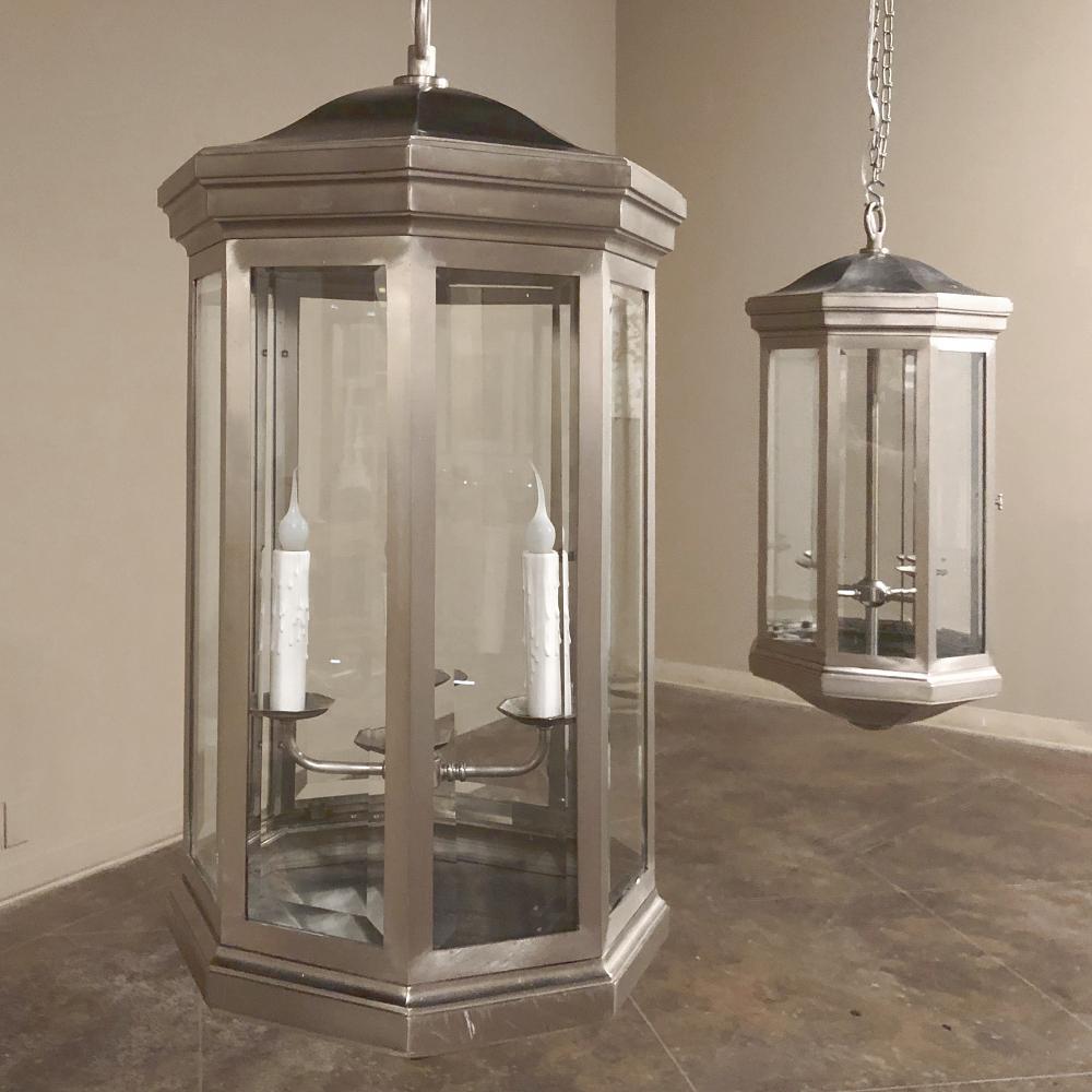 Late 20th Century Pair of Midcentury Brushed Steel Lantern Chandeliers For Sale