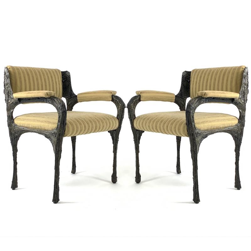 Pair of highly collectable Paul Evans sculpted bronze armchairs. Epoxy with applied bronze over steel frame with upholstery.
All original chairs.