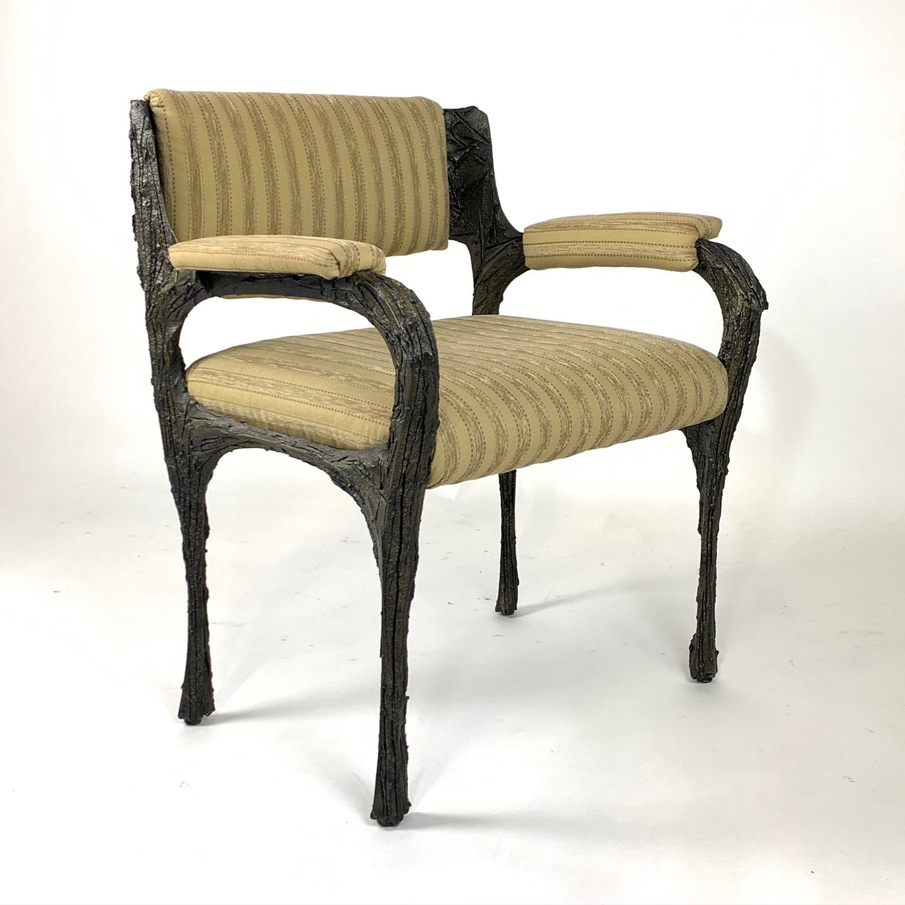 Upholstery Pair of Midcentury Brutalist Sculpted Bronze Patinated Paul Evans PE105 Chairs