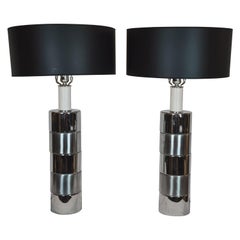 Pair of Midcentury Brutalist Style Chrome Cylinder Table Lamps
