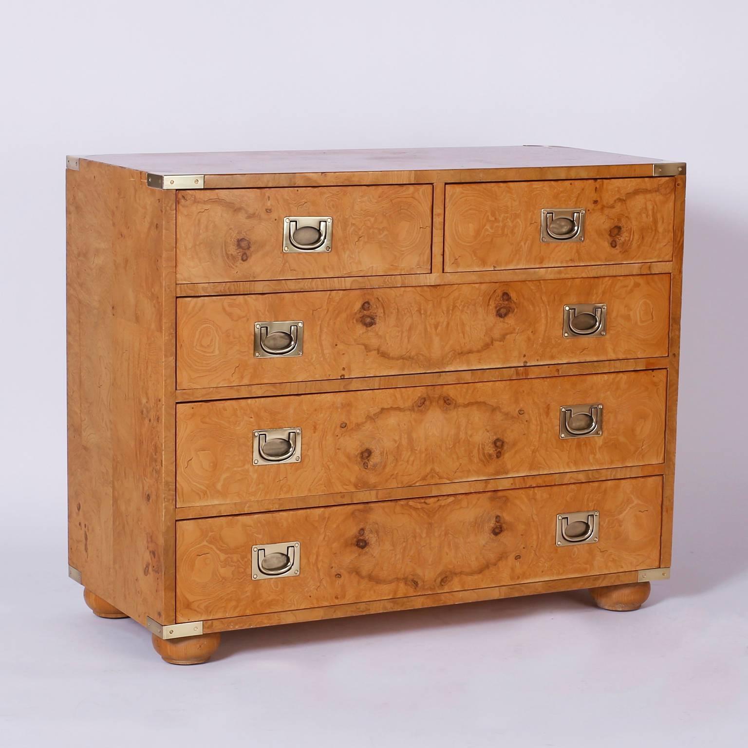 American Pair of Midcentury Burl Walnut Campaign Style Chests