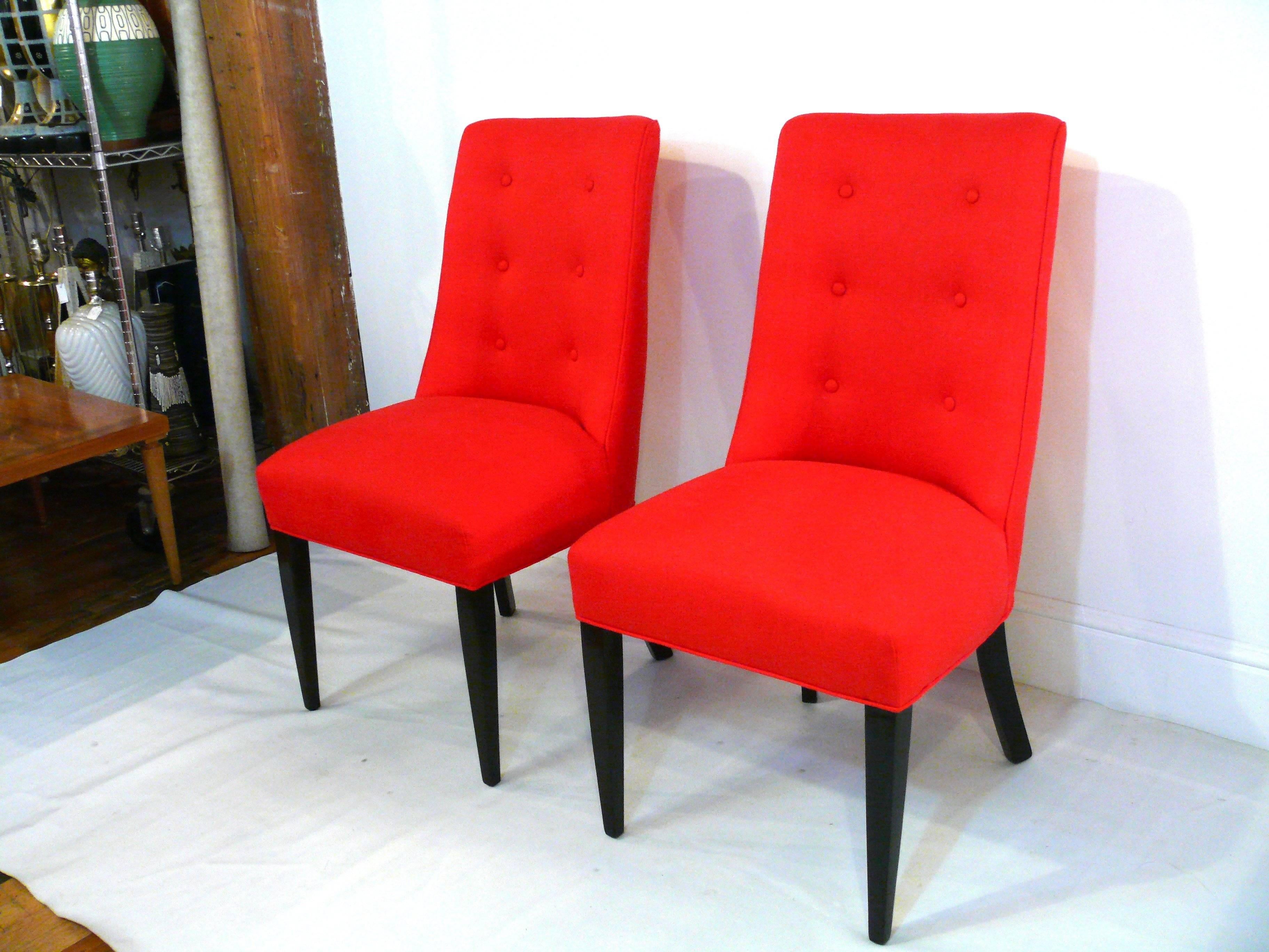 Pair of Midcentury Poppy Red Button Back Chairs For Sale 2
