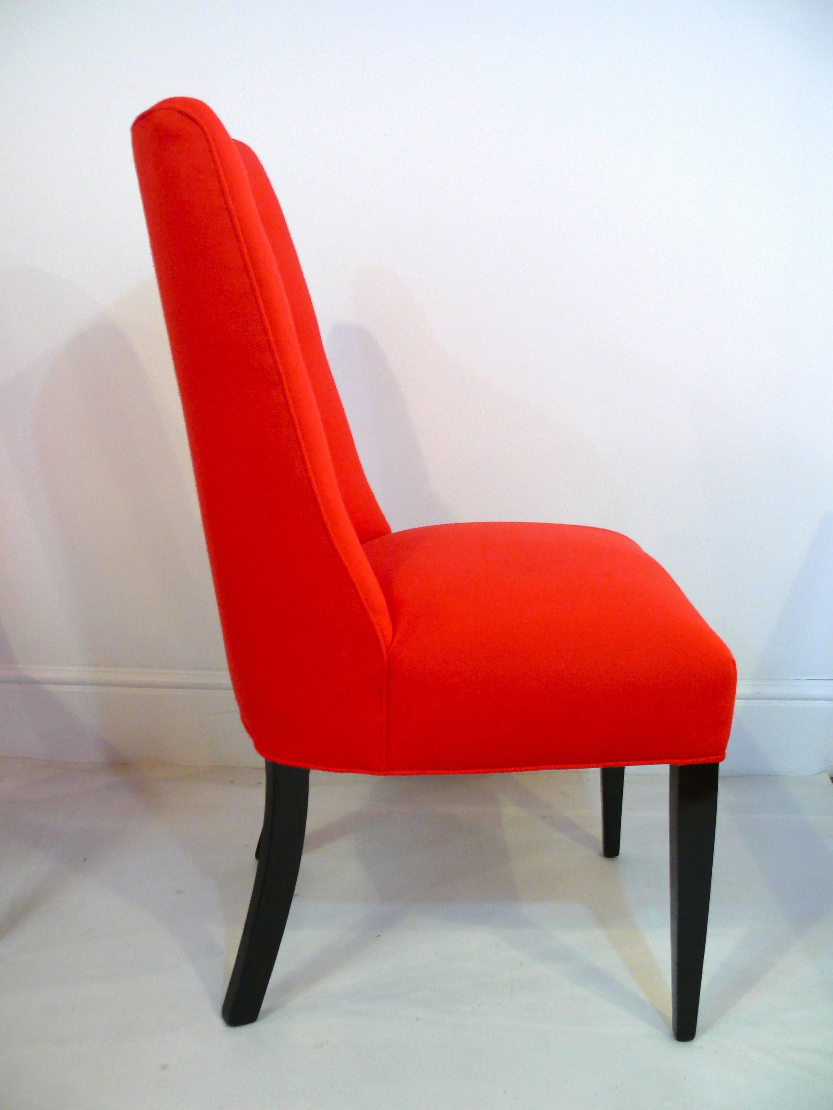 Ebonized Pair of Midcentury Poppy Red Button Back Chairs For Sale
