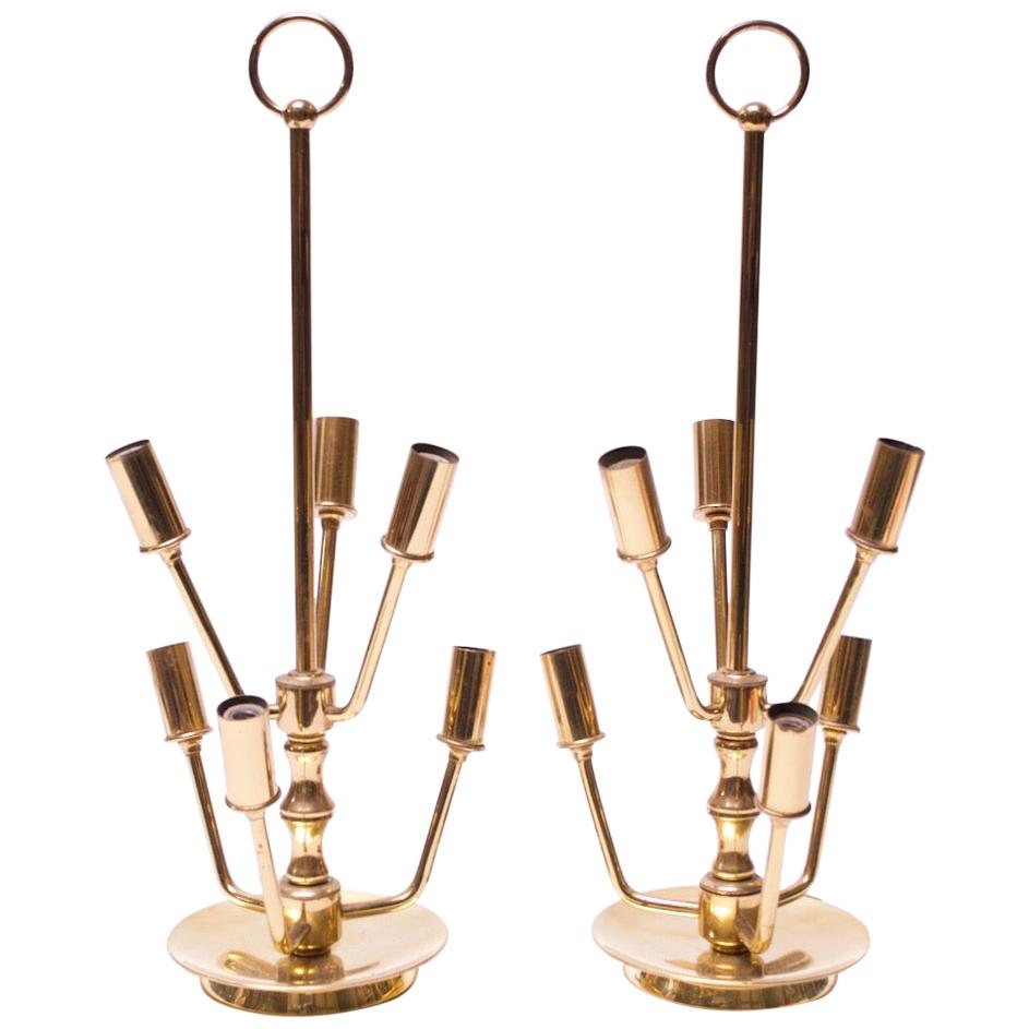 Pair of Midcentury Candelabra Style Six-Arm Brass Table Lamps For Sale