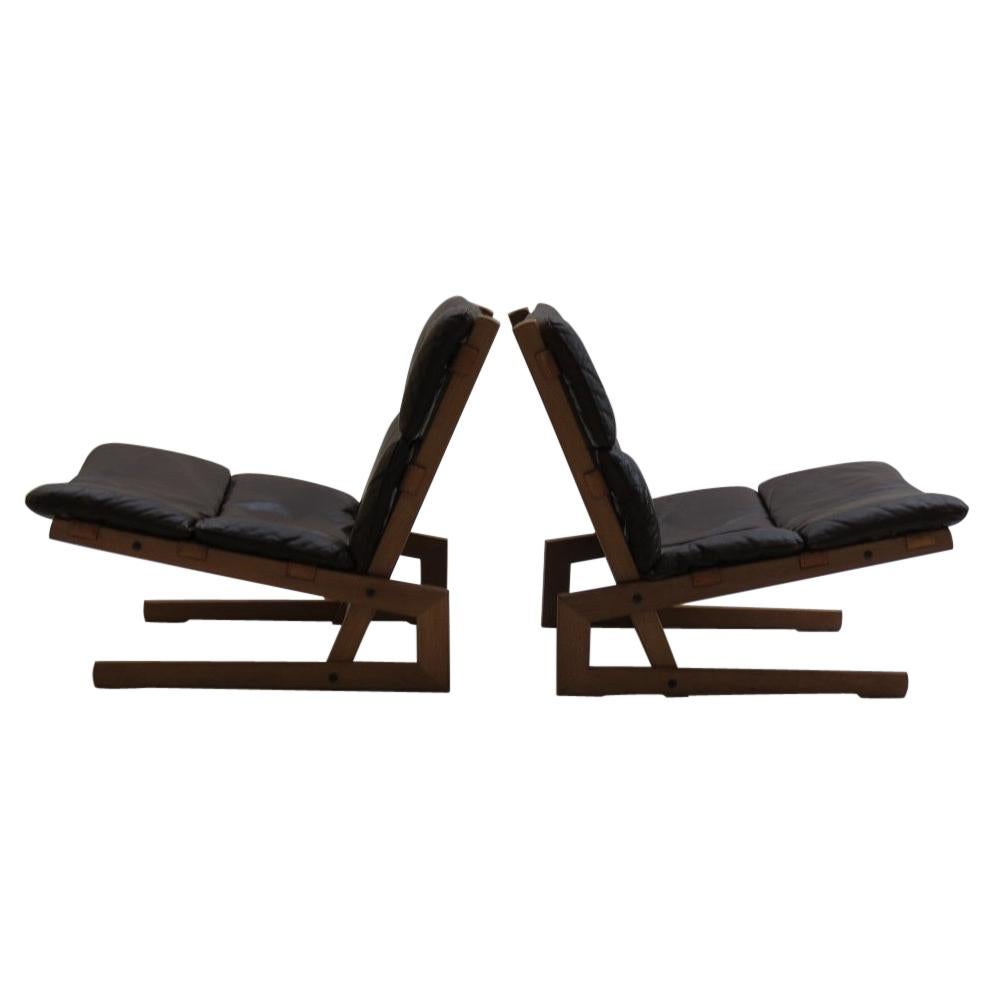 Pair of Midcentury Cantilever Oak and Leather Chairs, 1960s