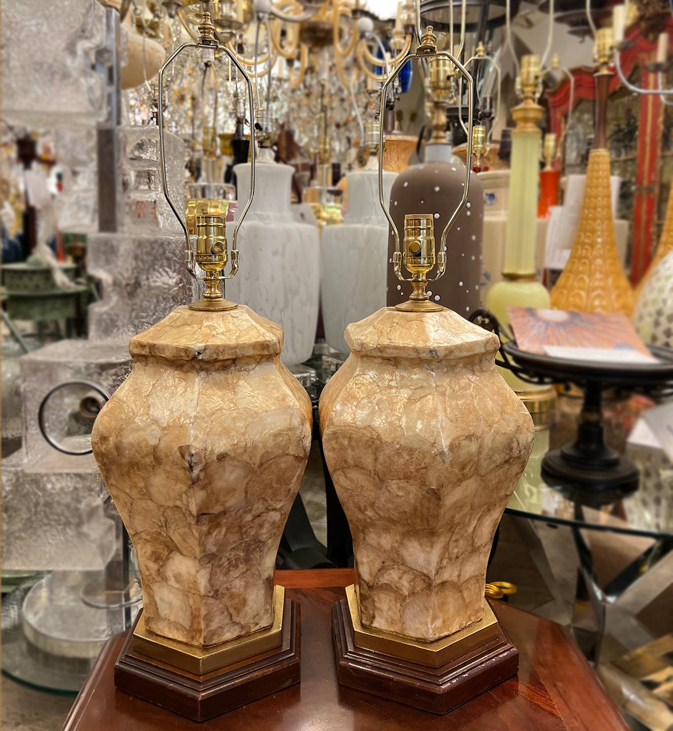 Resin Pair of Midcentury Capiz Lamps For Sale