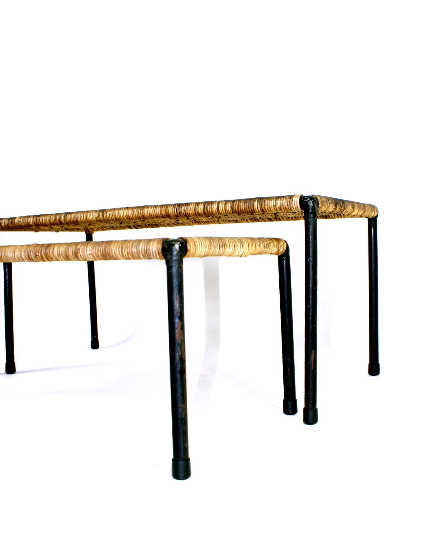 Austrian Pair of Midcentury Carl Auböck Rattan Top Side Table, 1950s, Austria